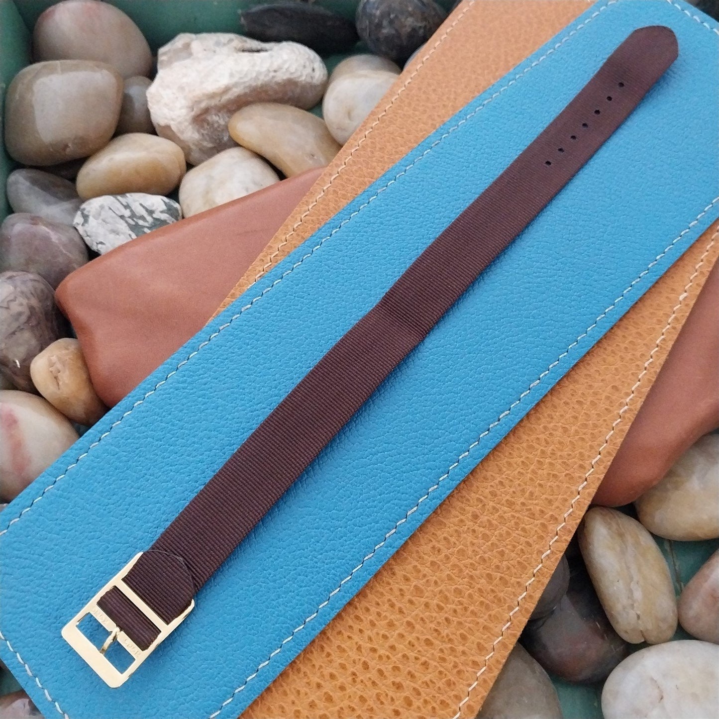 16mm Brown Nylon Military 1-Piece nos Vintage Watch Band & Gold-Tone Buckle