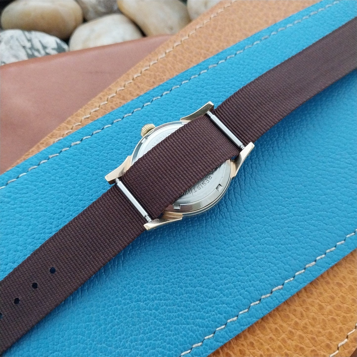 16mm Brown Nylon Military 1-Piece nos Vintage Watch Band & Gold-Tone Buckle