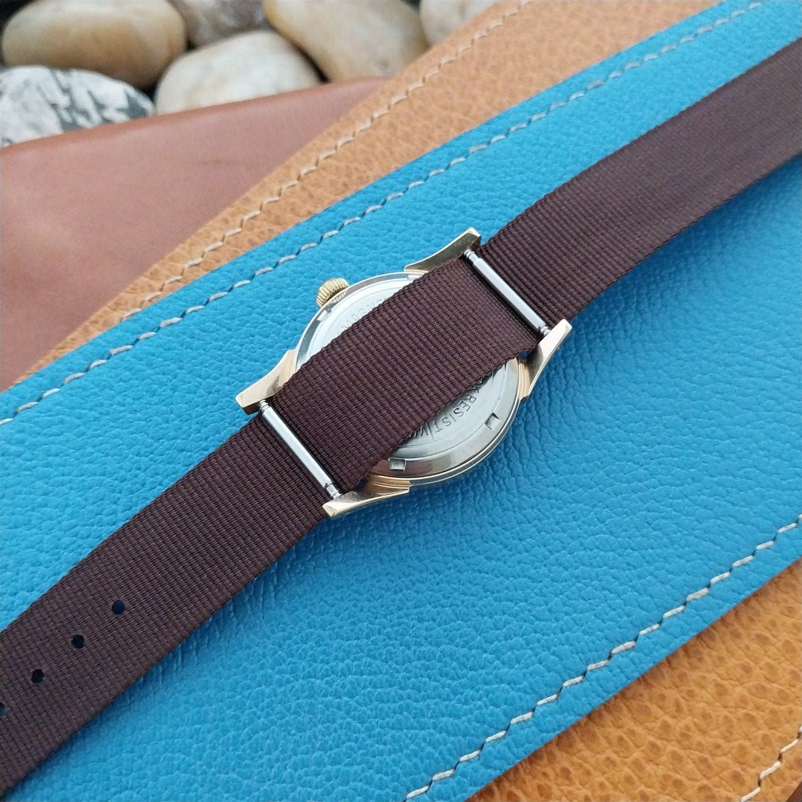 16mm Brown Nylon Military 1-Piece nos Vintage Watch Band & Gold-Tone Buckle