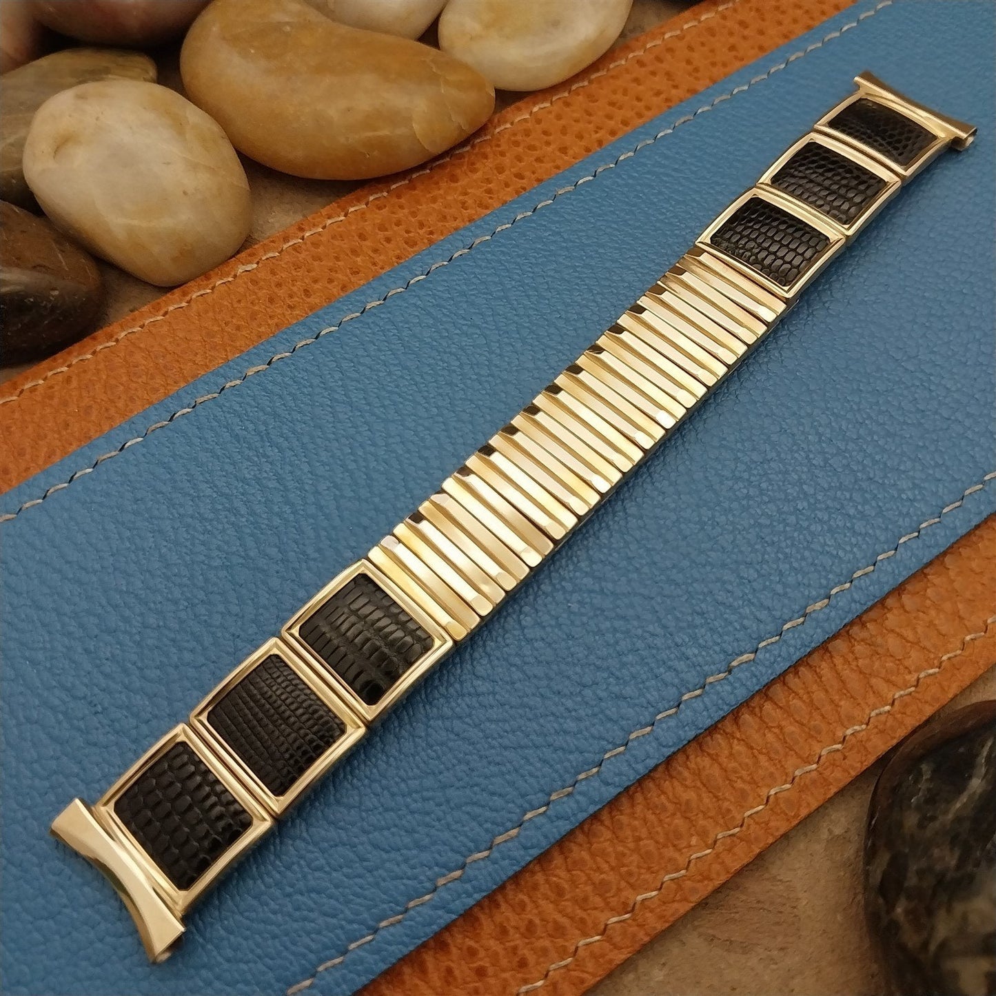 Vintage 1950s Finesse 10k Gold-Filled & Black Lizard 19mm 18mm 16mm Watch Band