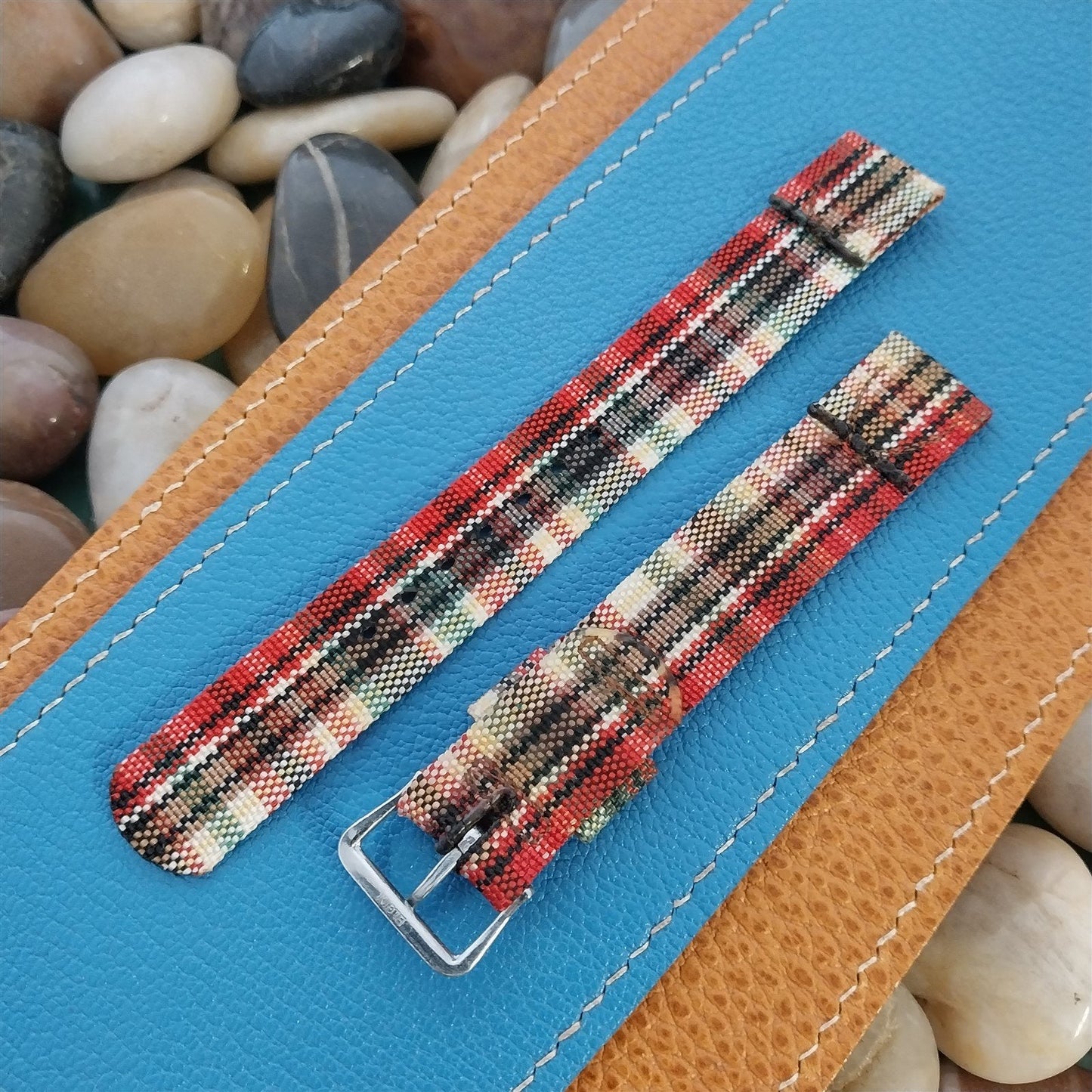 Long 5/8" Madras Plaid Tropical Nylon nos 1950s Vintage Watch Band & Elgin Buckle