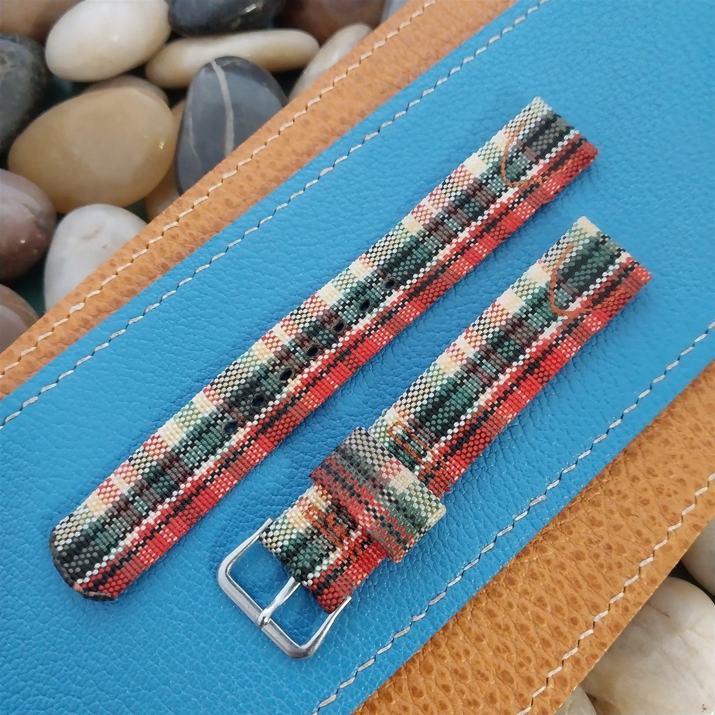 Long 5/8" Madras Plaid Tropical Nylon 1950s Vintage Watch Band & Elgin Buckle