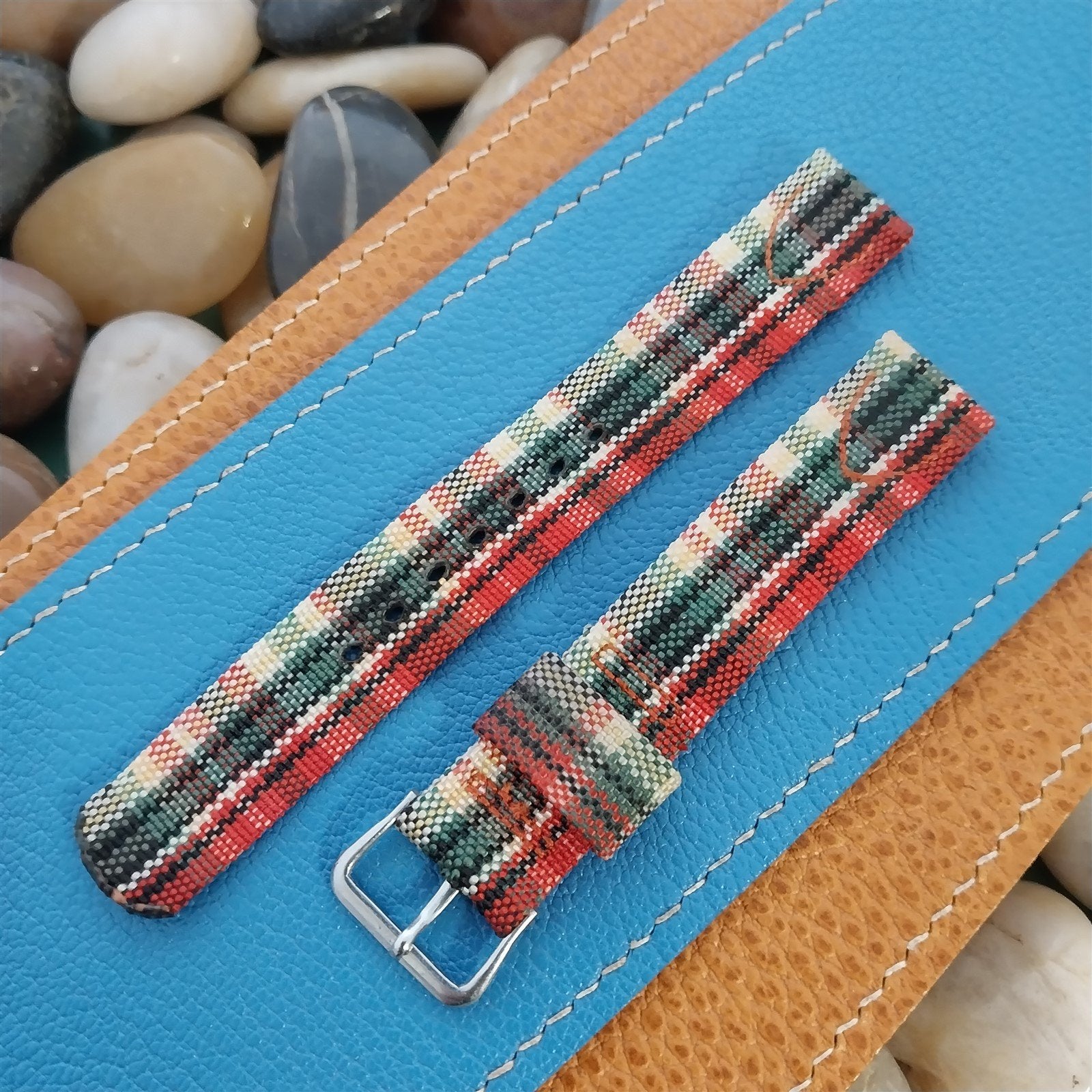 Long 5/8" Madras Plaid Tropical Nylon 1950s Vintage Watch Band & Elgin Buckle