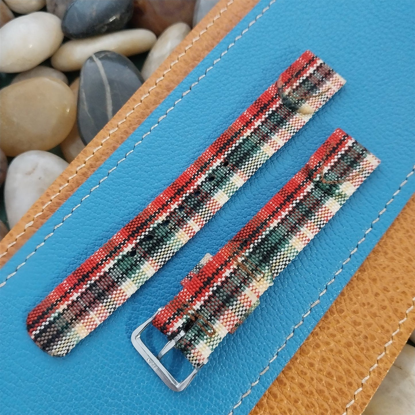 Long 5/8" Madras Plaid Tropical Nylon 1950s Vintage Watch Band & Elgin Buckle