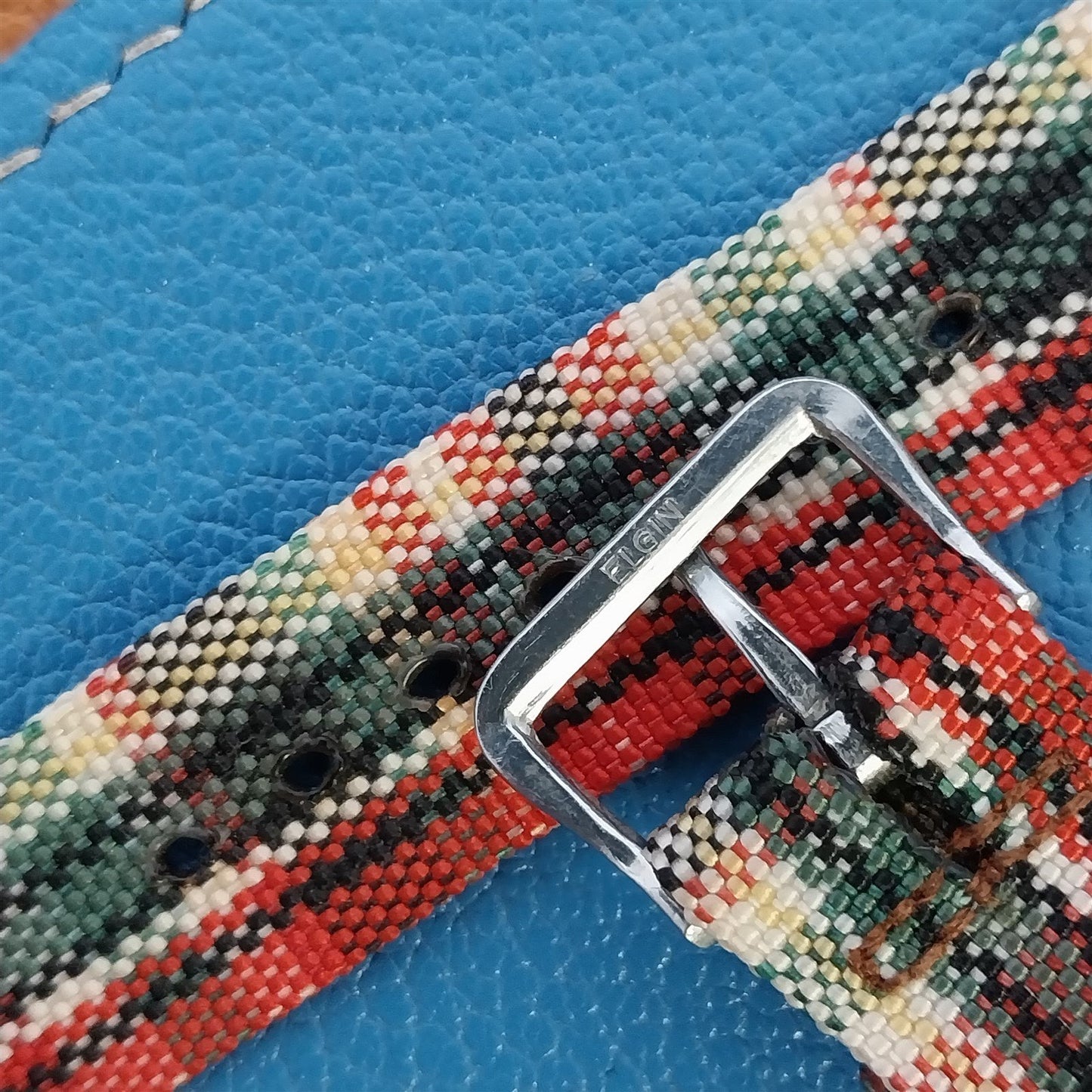 Long 5/8" Madras Plaid Tropical Nylon 1950s Vintage Watch Band & Elgin Buckle