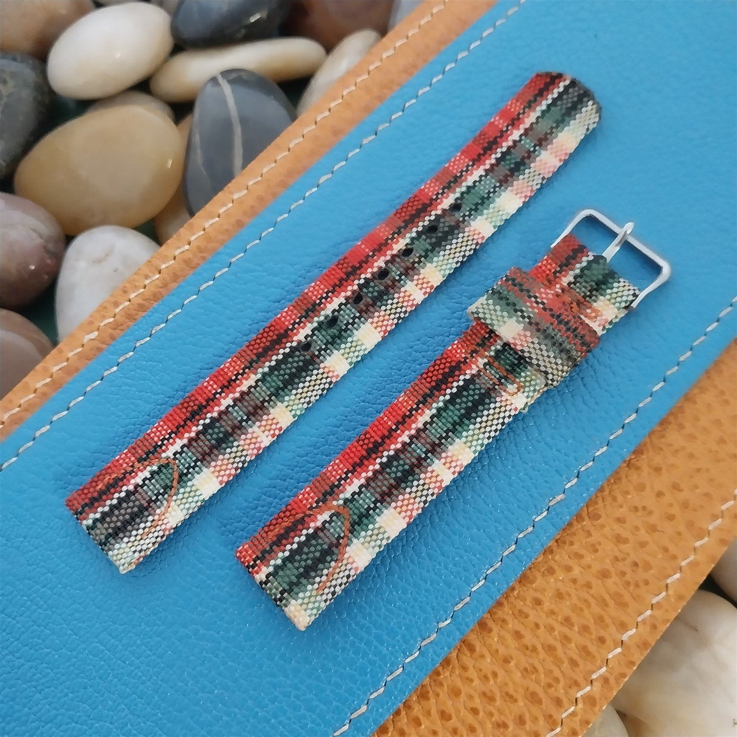 Long 5/8" Madras Plaid Tropical Nylon 1950s Vintage Watch Band & Elgin Buckle