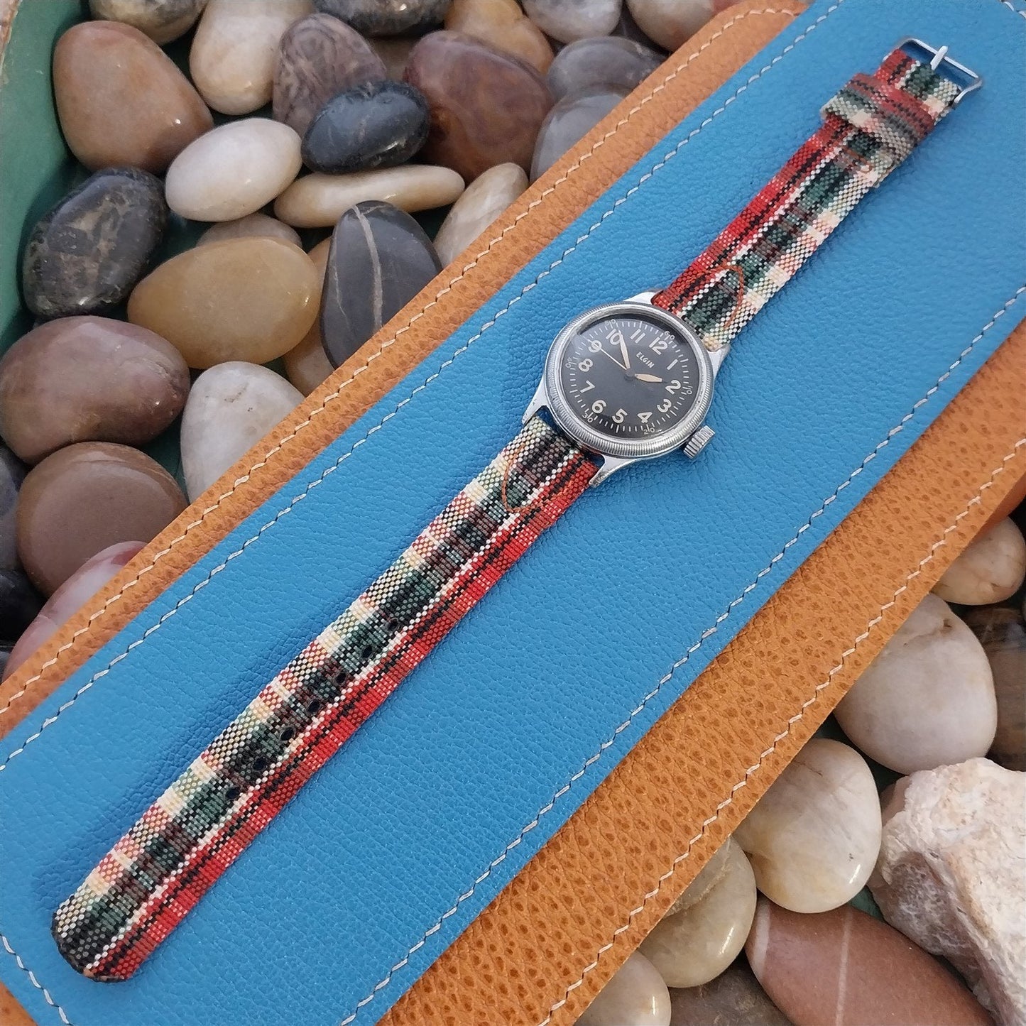 Long 5/8" Madras Plaid Tropical Nylon 1950s Vintage Watch Band & Elgin Buckle