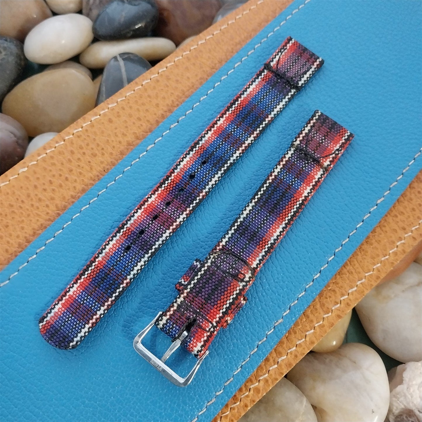 Long 5/8" Madras Plaid Tropical Nylon nos 1950s Vintage Watch Band &Elgin Buckle