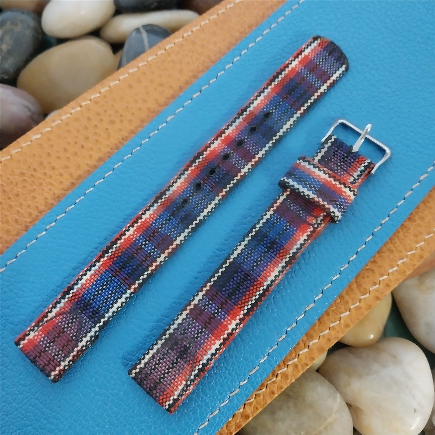 Long 5/8" Madras Plaid Tropical Nylon nos 1950s Vintage Watch Band &Elgin Buckle