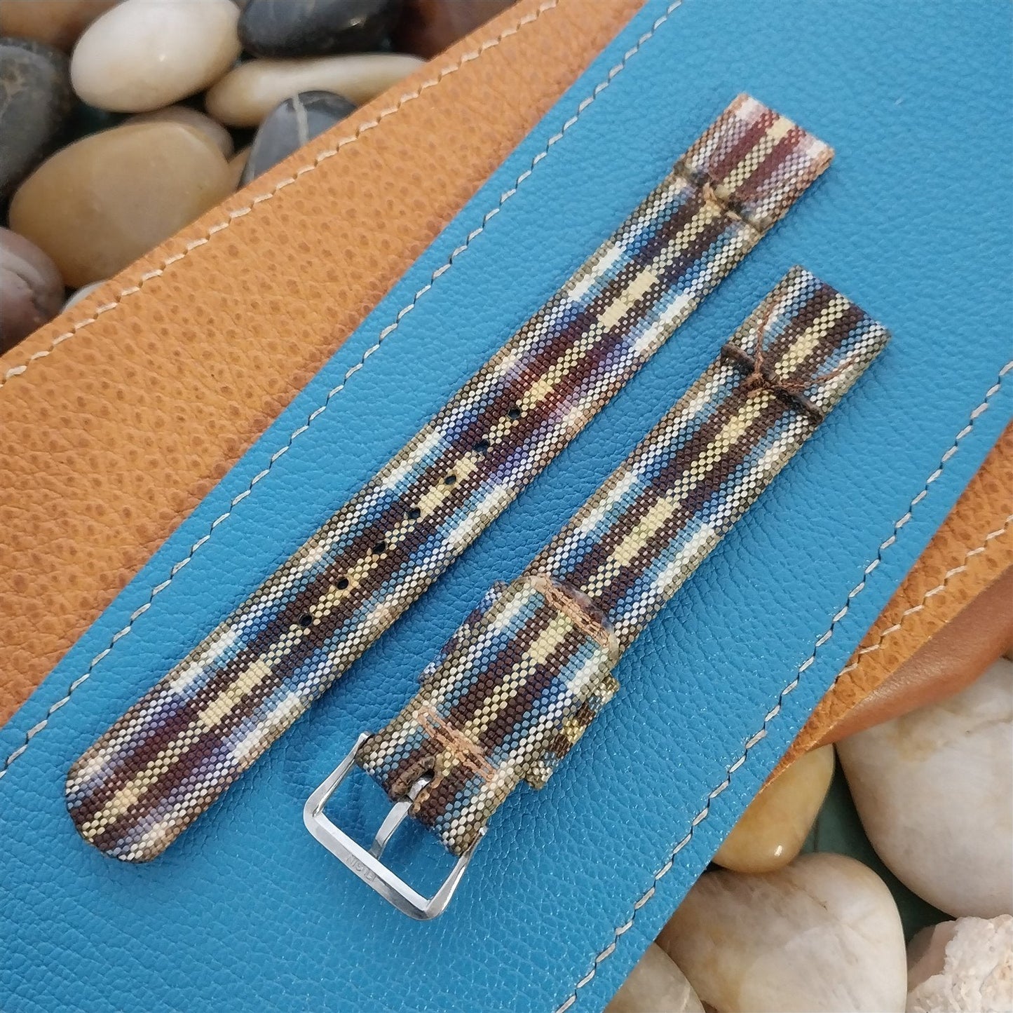 Long 5/8" Madras Plaid Tropical Nylon nos 1950s Vintage Watch Band &Elgin Buckle