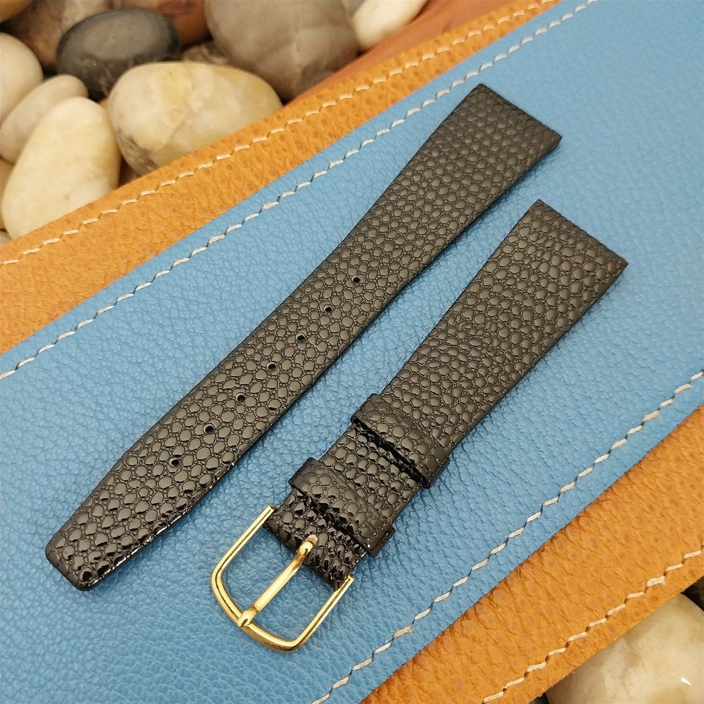 19mm Hadley Roma Tapered Black Lizard-Grain Leather 19/14 nos Vintage Watch Band