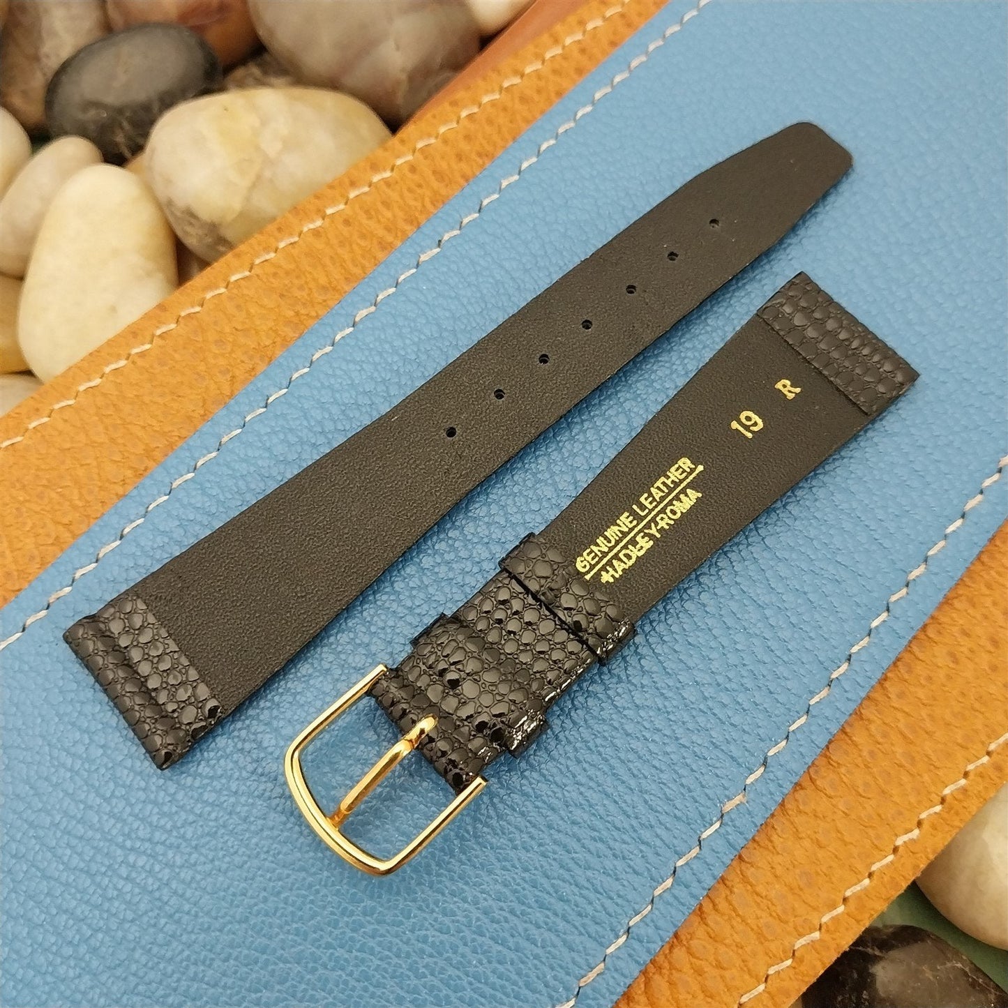 19mm Hadley Roma Tapered Black Lizard-Grain Leather 19/14 nos Vintage Watch Band