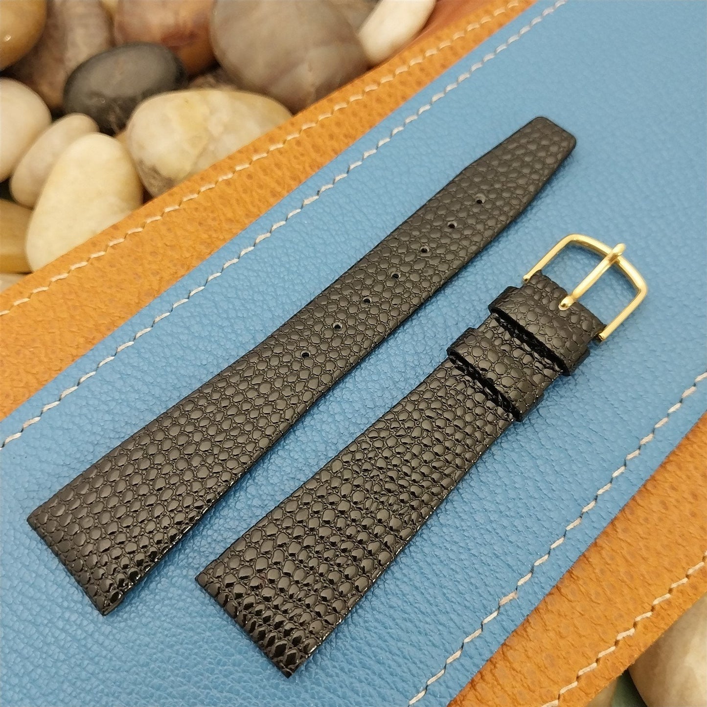 19mm Hadley Roma Tapered Black Lizard-Grain Leather 19/14 nos Vintage Watch Band