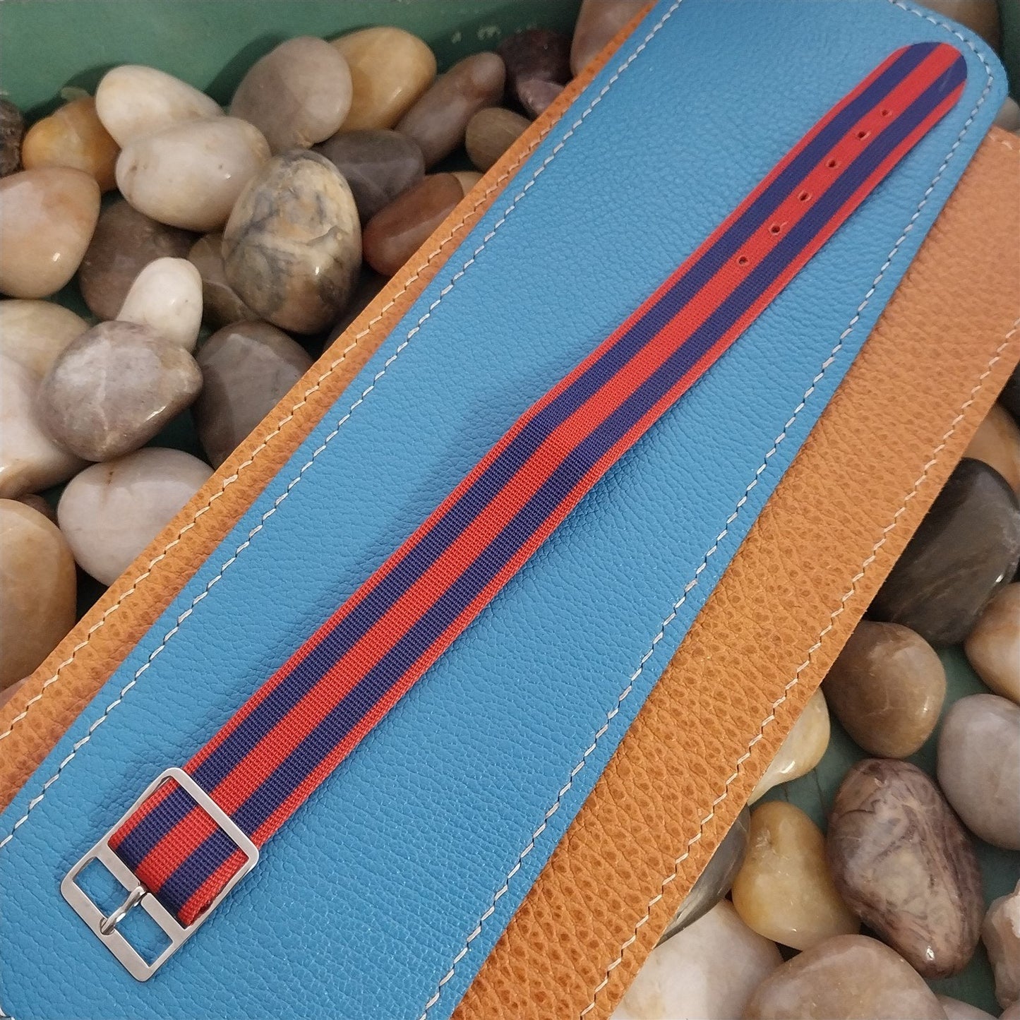 Vintage 18mm Striped Perlon Red & Blue Classic 1960s Single Pass Watch Band
