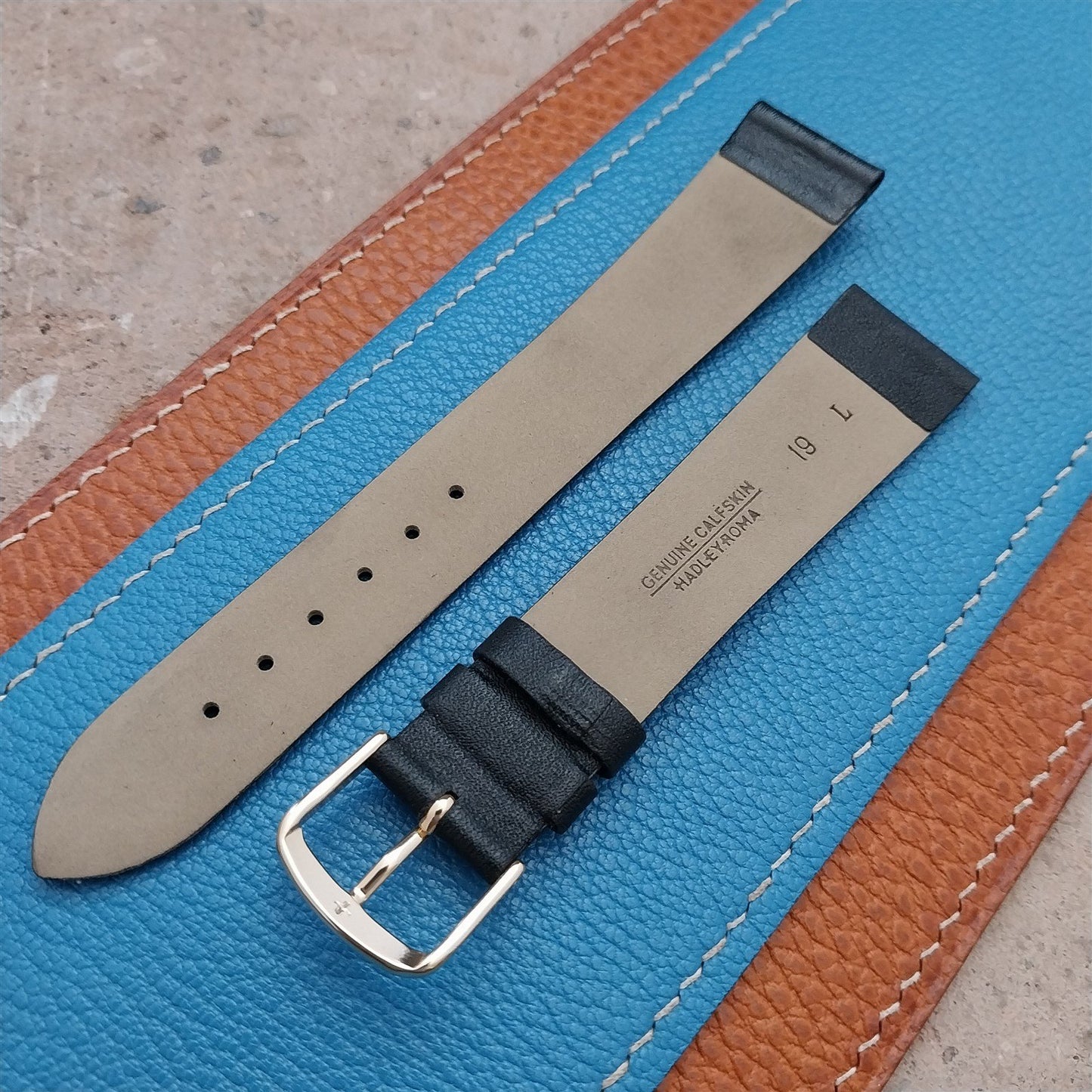 19mm Hadley Roma Long Tapered Black Calfskin Leather Watch Strap