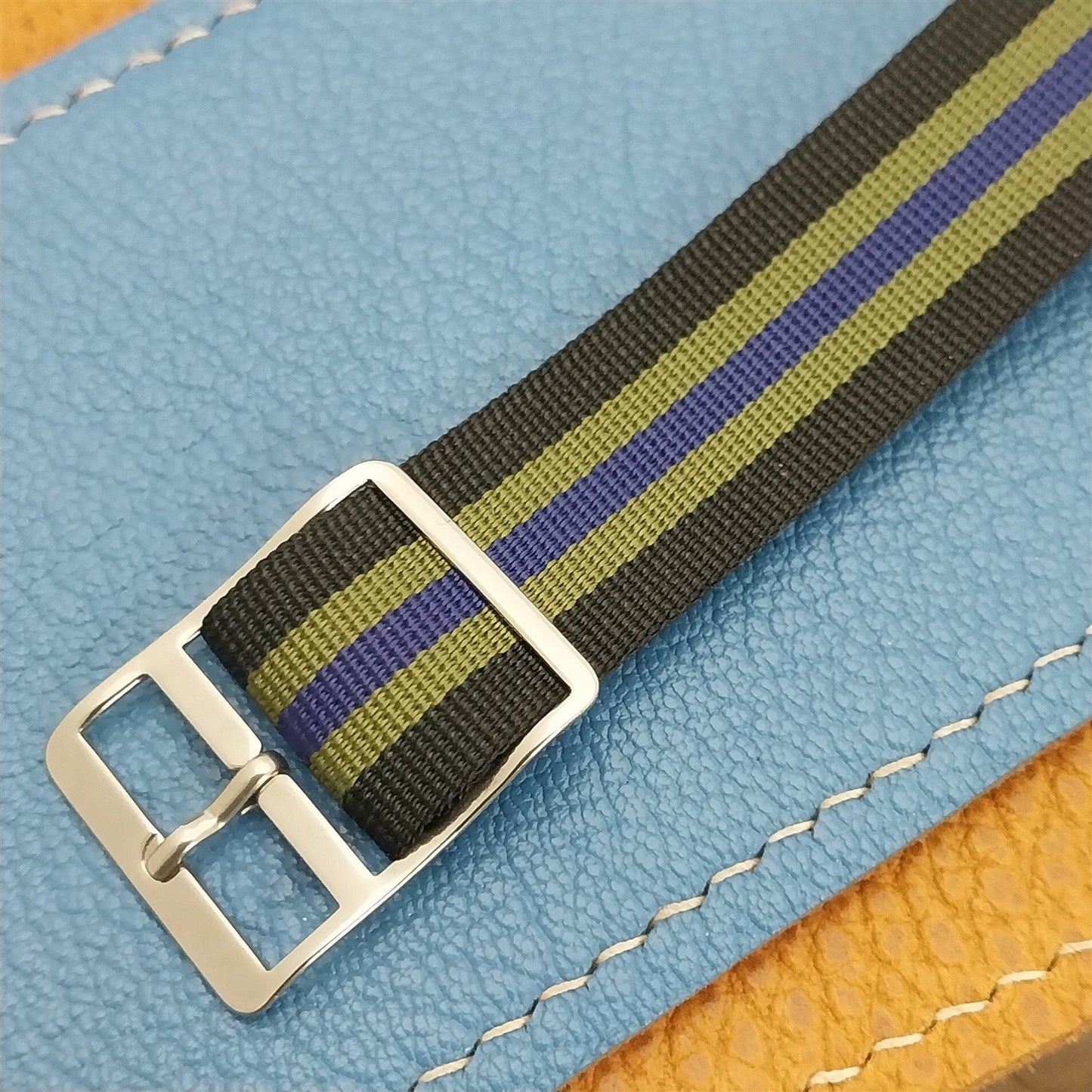 18mm Striped Perlon Black Blue & Green Regimental Unused 1960s Vintage Watch Band