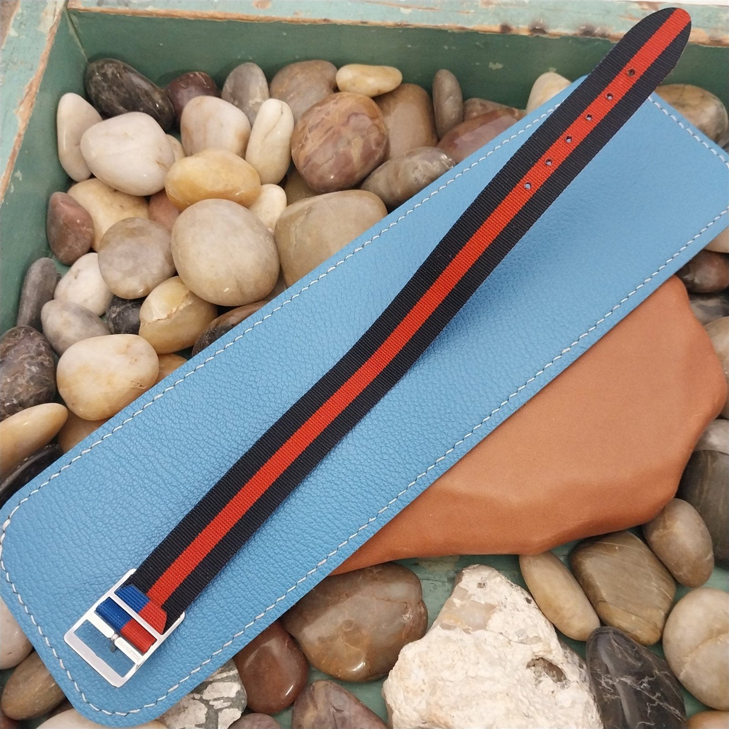 Vintage Perlon 18mm Single-Pass Classic Red Blue Black 1960s Vintage Watch Band