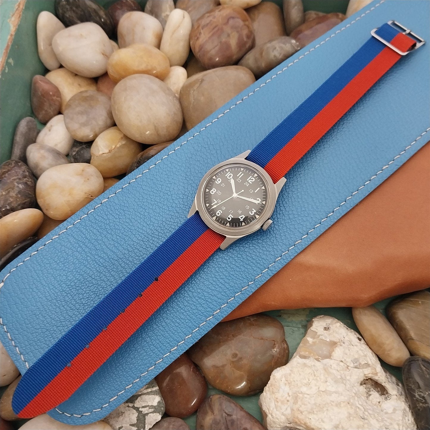 Vintage Perlon 18mm Single-Pass Classic Red Blue Black 1960s Vintage Watch Band