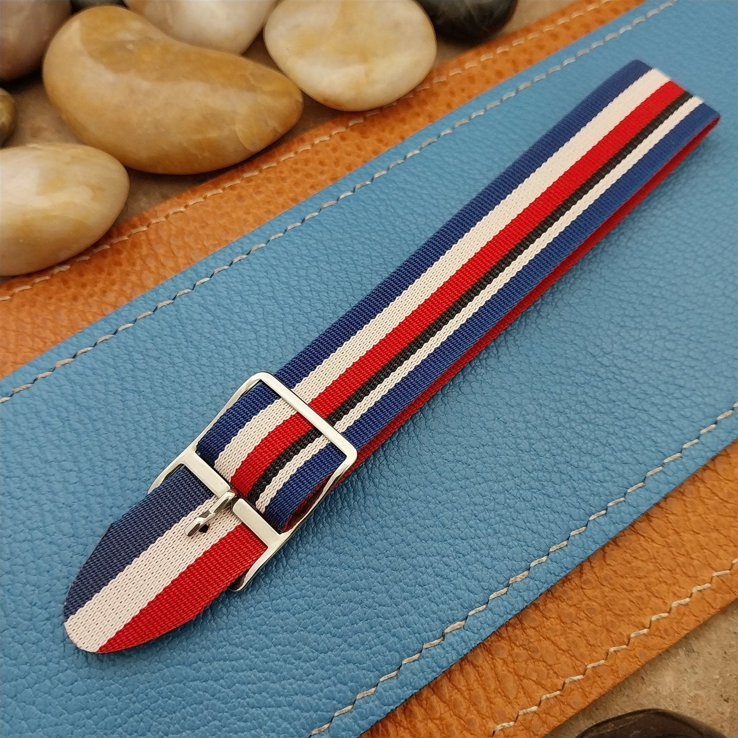 60s Vintage Perlon Reversible 18mm Red White Blue Unused Single Pass Watch Band