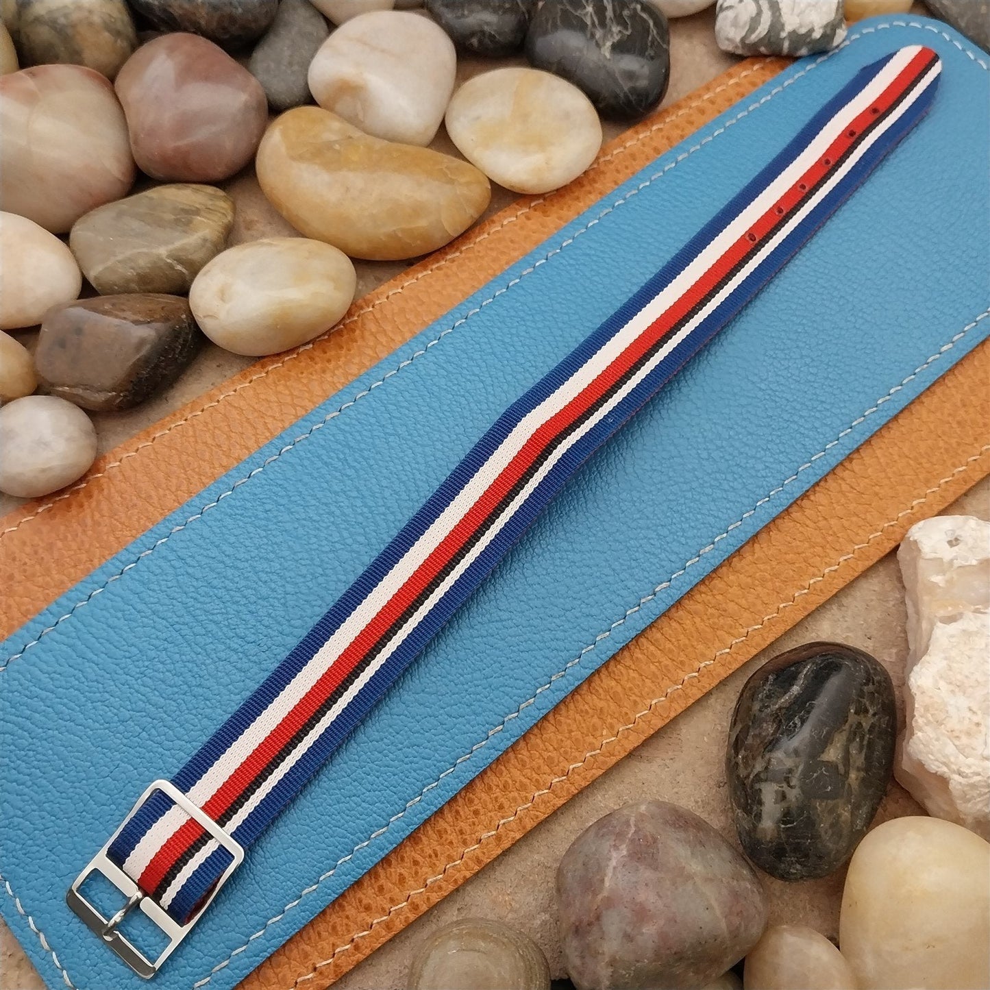 60s Vintage Perlon Reversible 18mm Red White Blue Unused Single Pass Watch Band