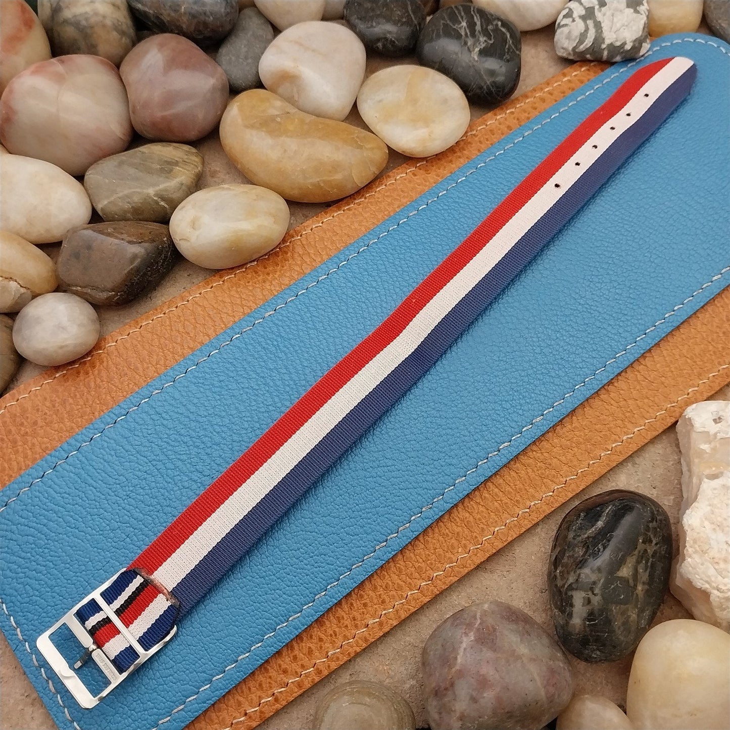 60s Vintage Perlon Reversible 18mm Red White Blue Unused Single Pass Watch Band