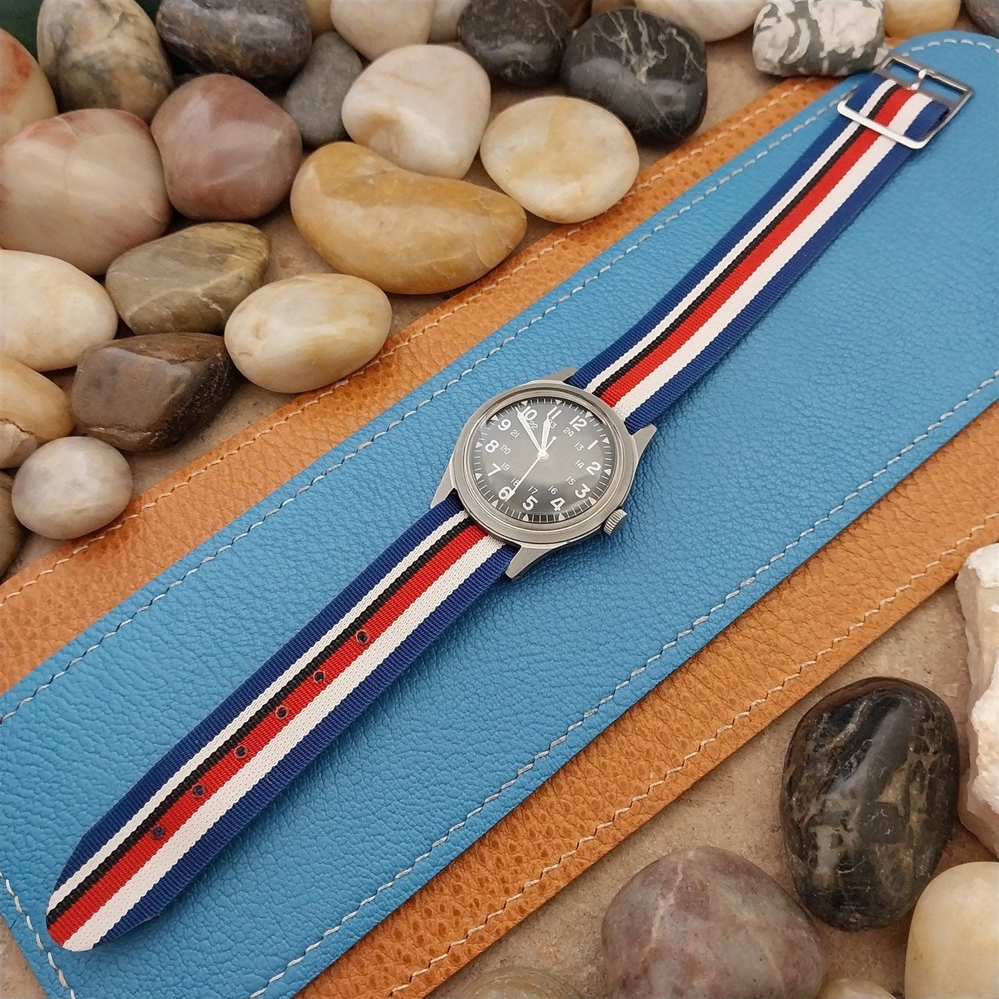 60s Vintage Perlon Reversible 18mm Red White Blue Unused Single Pass Watch Band