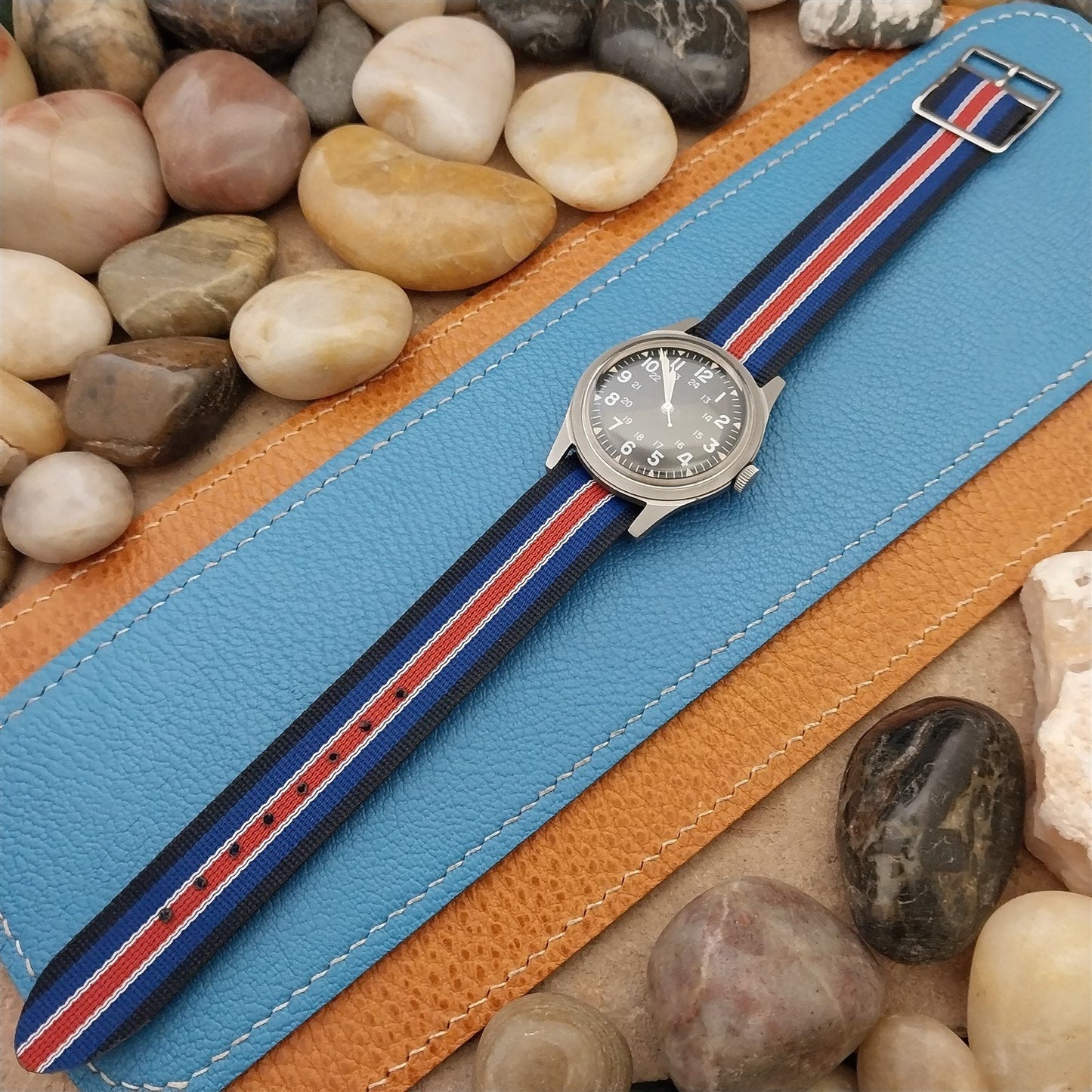 Perlon Reversible 18mm Red White Blue Military Unused 1960s Vintage Watch Band