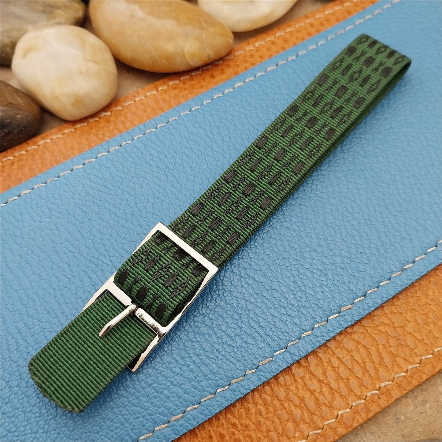 Vintage 16mm 1960s Black & Green Nylon Classic Single Pass NOS Unused Watch Band