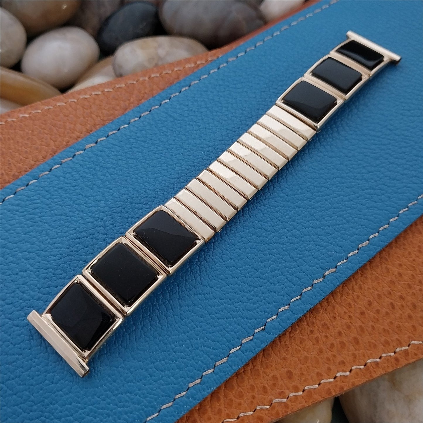 Short Foster Yellow Gold-Filled & Black Plastic Unused 1950s Vintage Watch Band