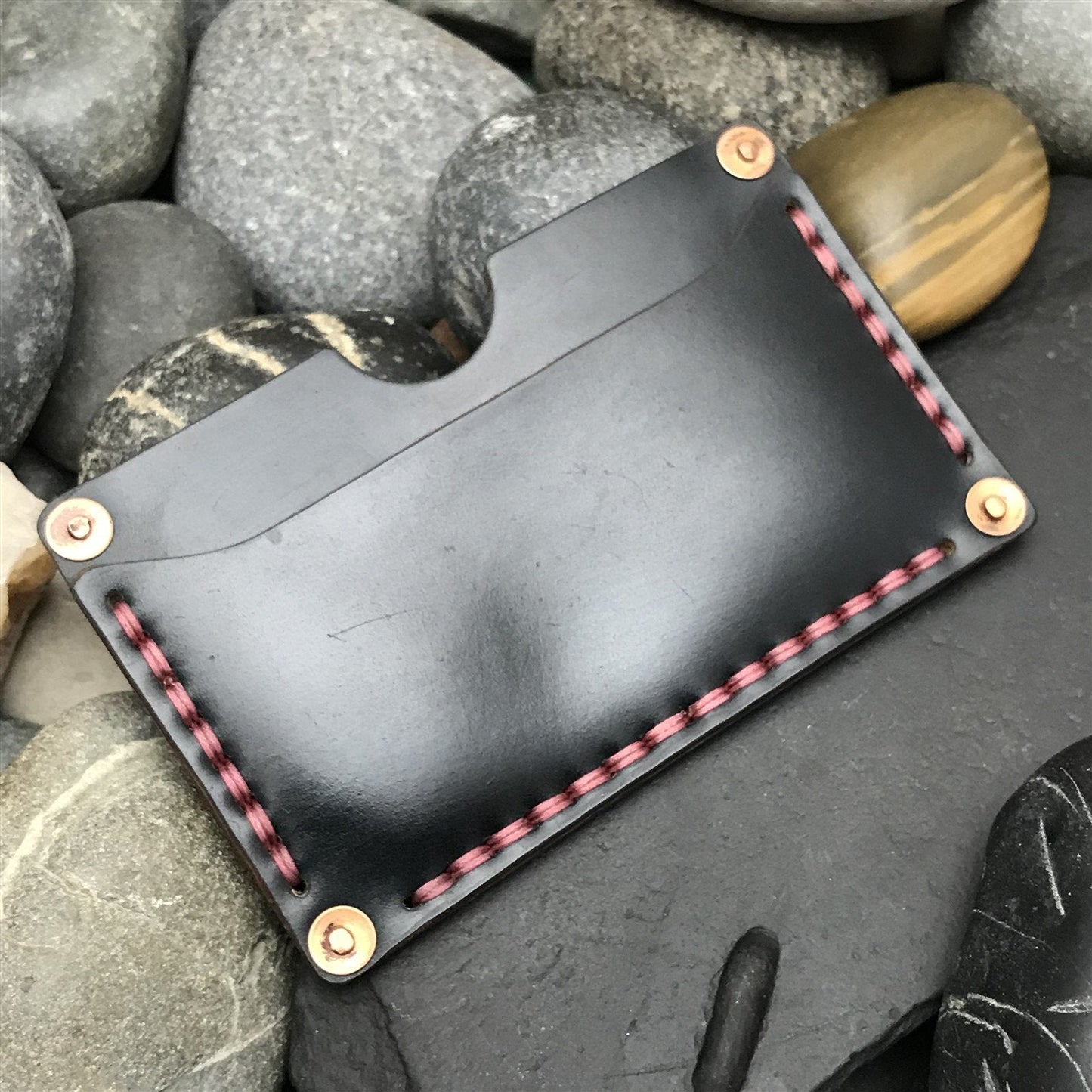 Handmade Shell Cordovan Copper Rivet Front Pocket Card Wallet Black & Pink