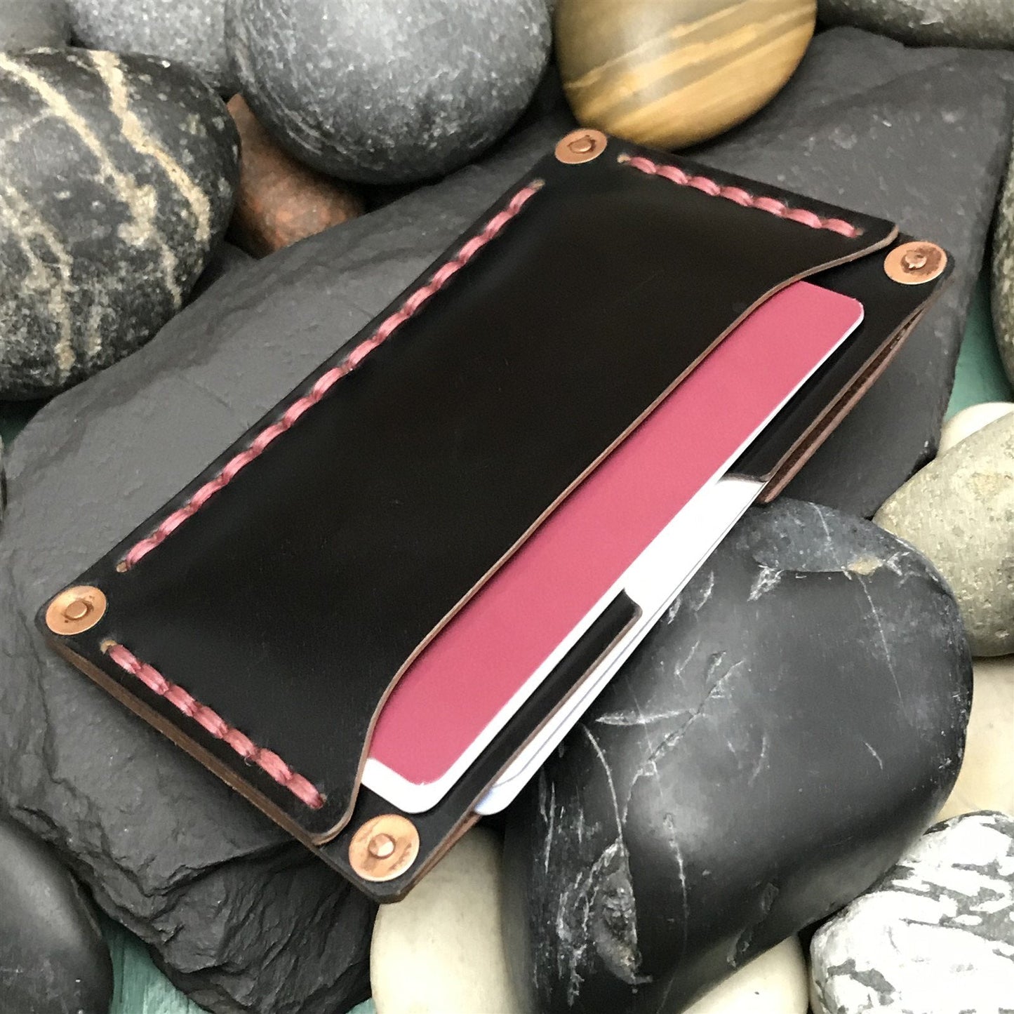 Handmade Shell Cordovan Copper Rivet Front Pocket Card Wallet Black & Pink