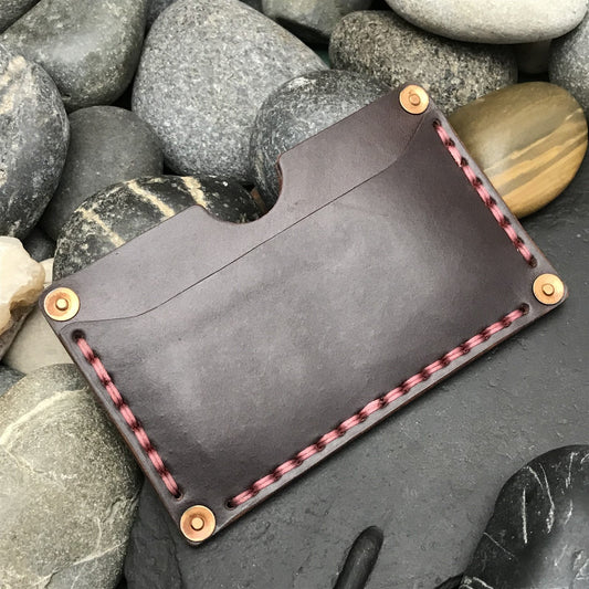 Handmade Shell Cordovan Leather Card Wallet Copper Rivet Brown & Pink