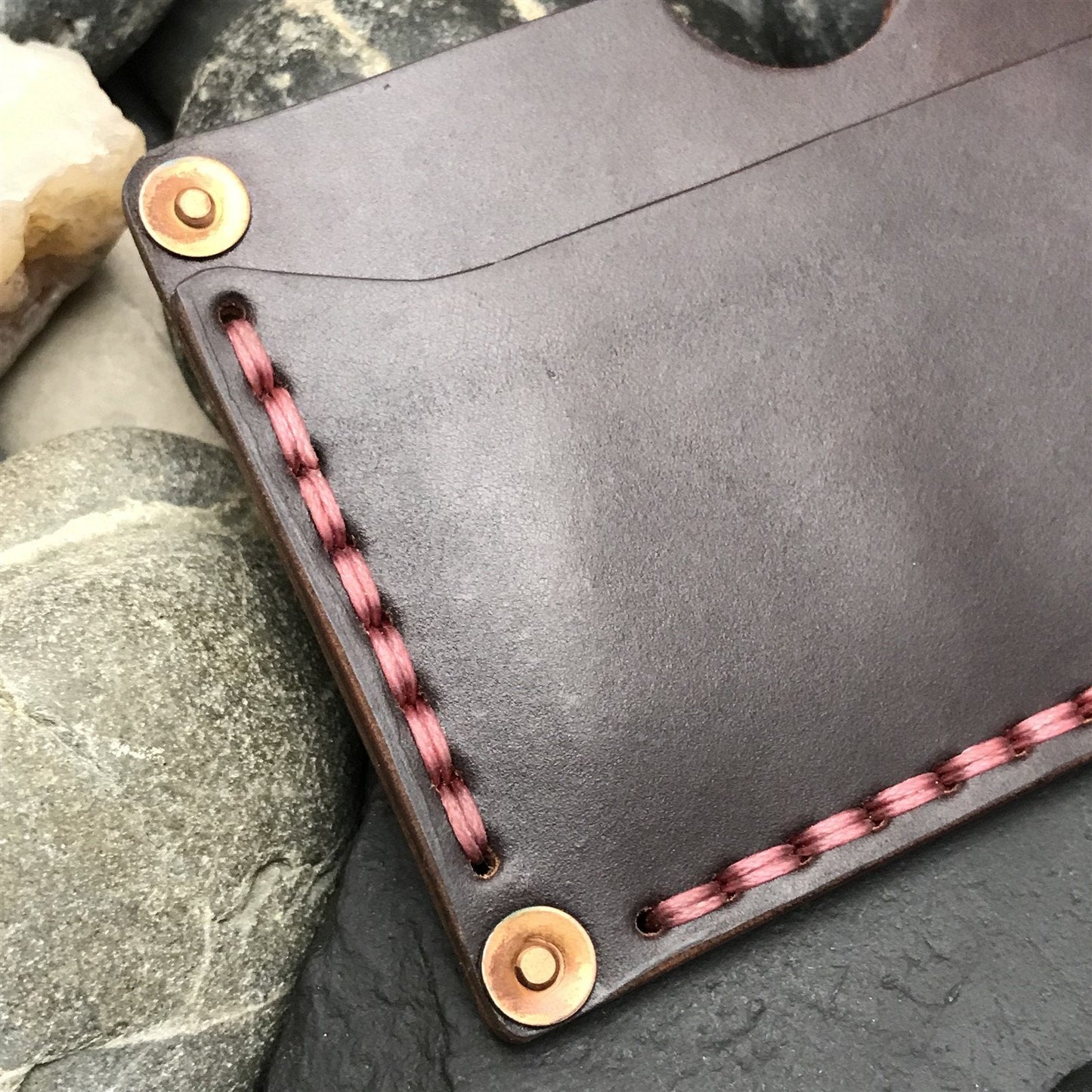 Handmade Shell Cordovan Leather Card Wallet Copper Rivet Brown & Pink