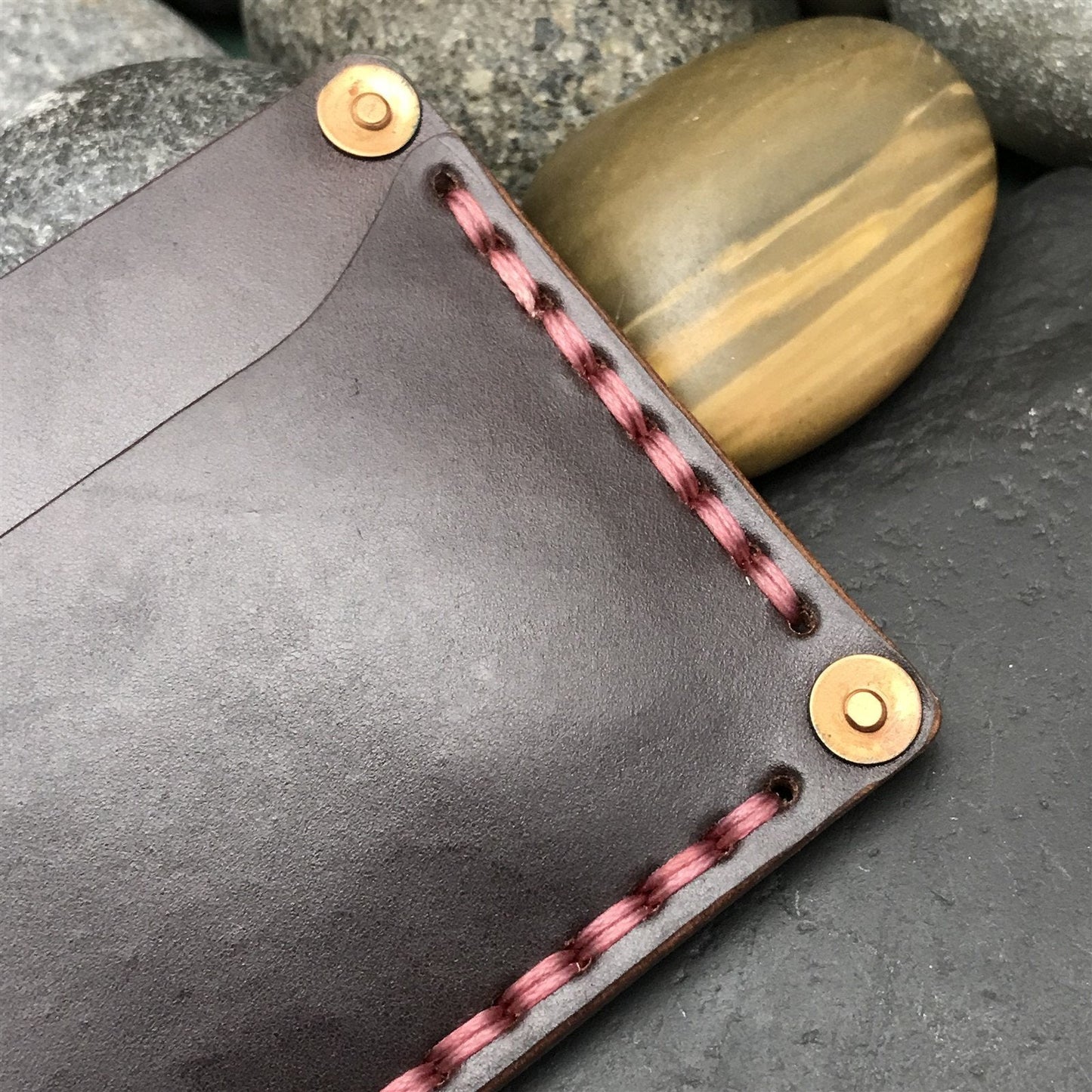 Handmade Shell Cordovan Leather Card Wallet Copper Rivet Brown & Pink