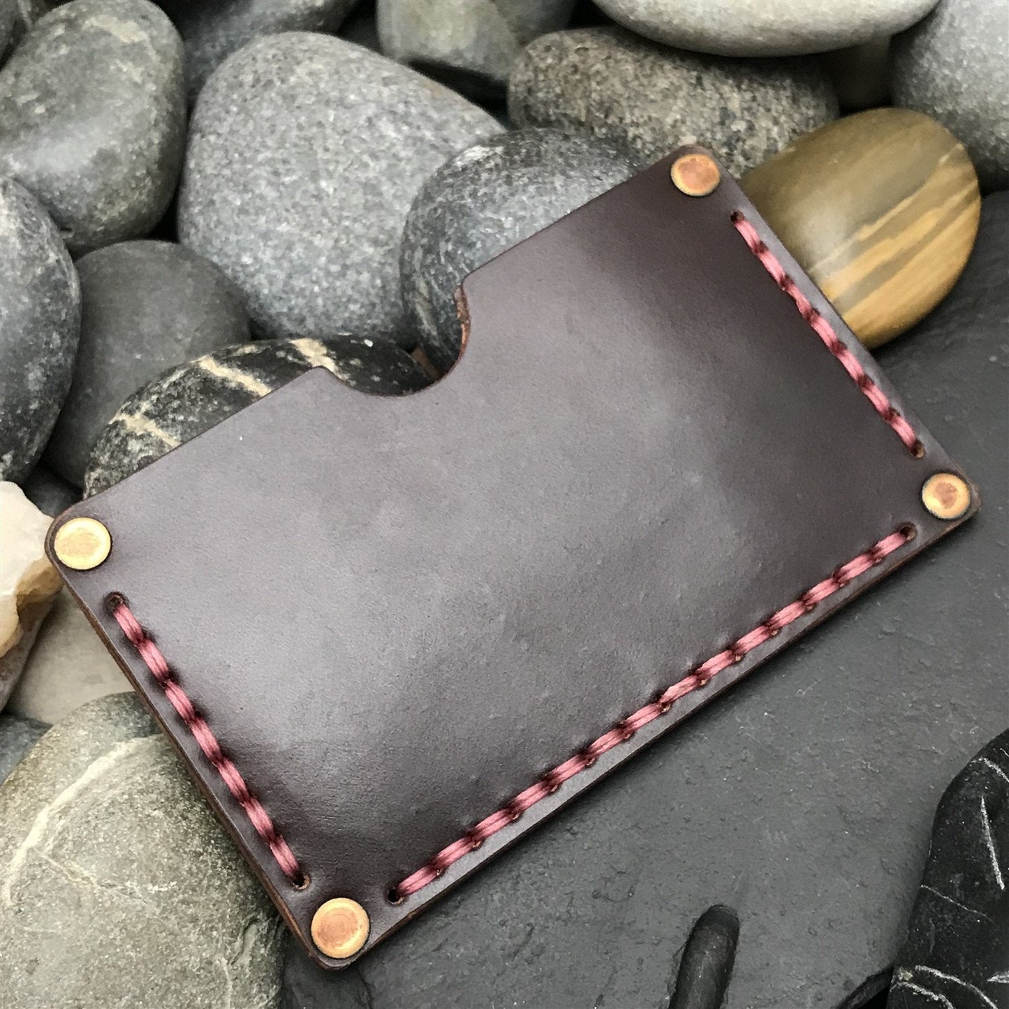 Handmade Shell Cordovan Leather Card Wallet Copper Rivet Brown & Pink