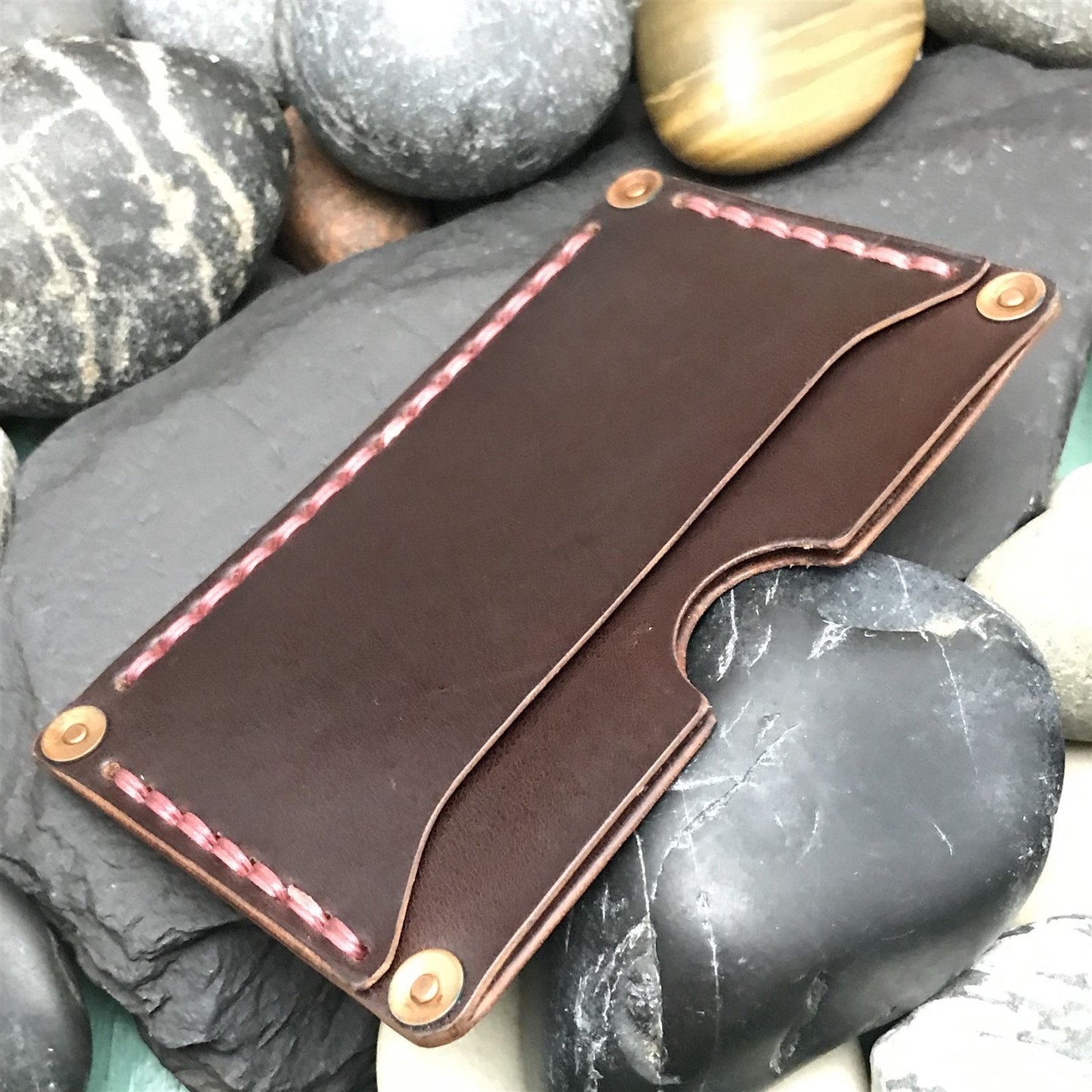 Handmade Shell Cordovan Leather Card Wallet Copper Rivet Brown & Pink