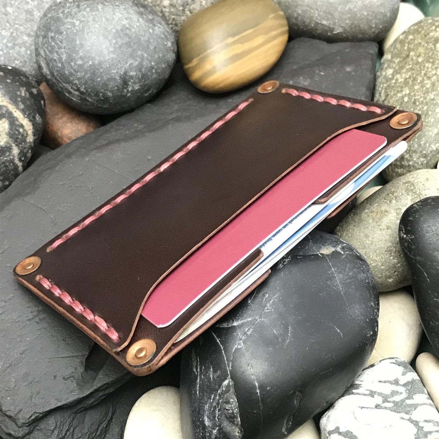 Handmade Shell Cordovan Leather Card Wallet Copper Rivet Brown & Pink