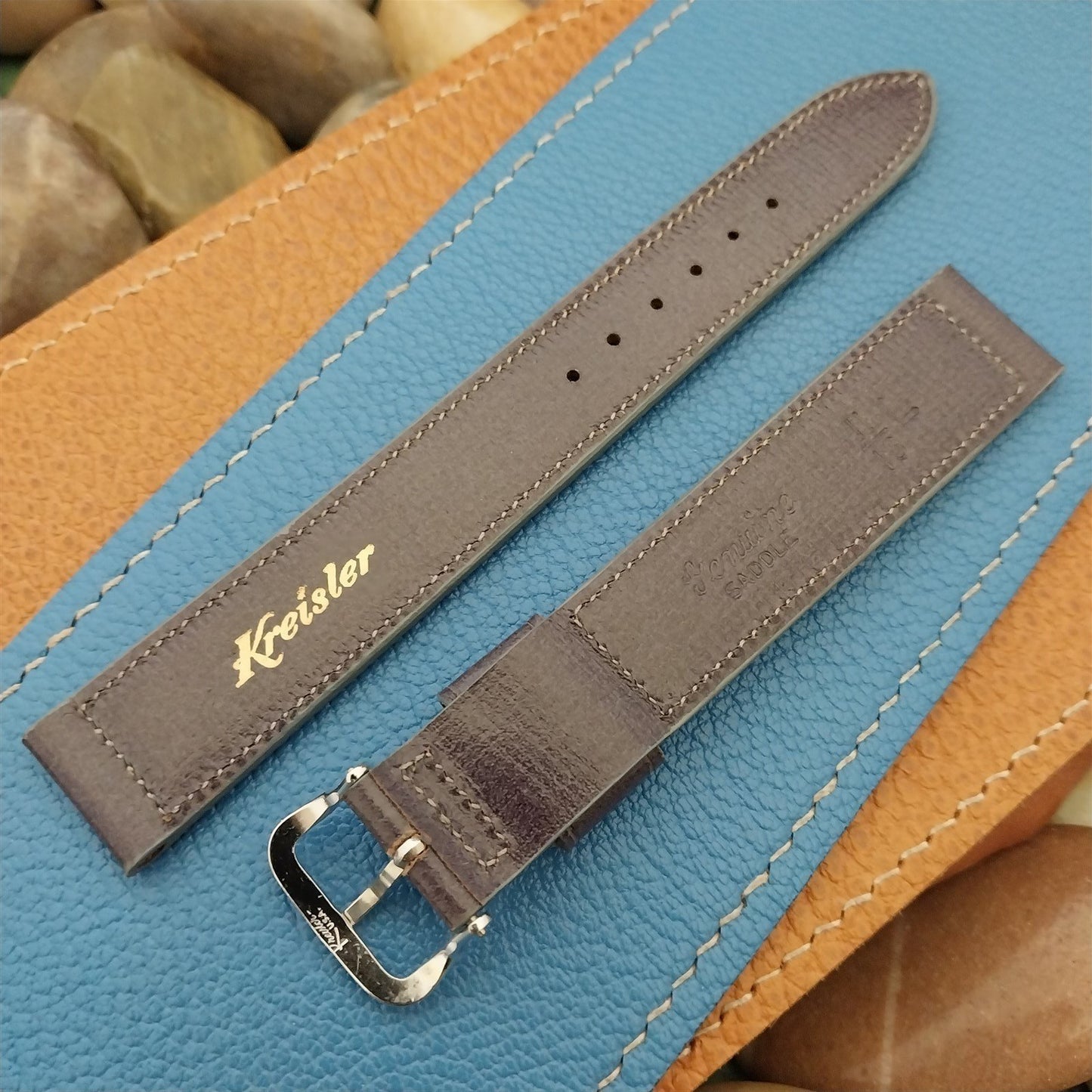 11/16 Kreisler Purple-Gray Saddle Leather Long Unused 1960s Vintage Watch Strap