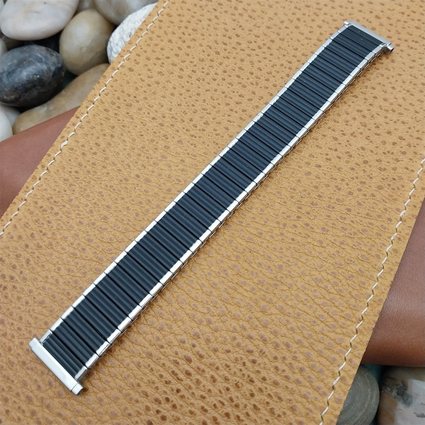 19mm 18mm Speidel USA Made Black & Stainless Steel Unused nos Vintage Watch Band