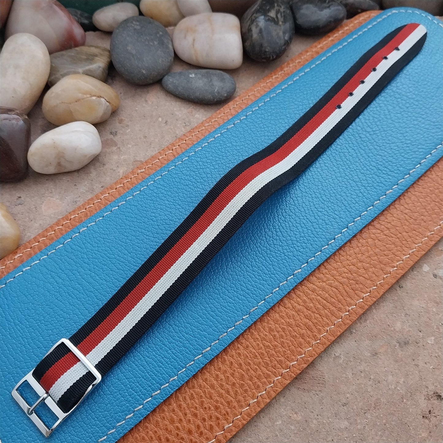 Vintage 18mm Striped Perlon Reversible Classic 1960s Single Pass Watch Strap