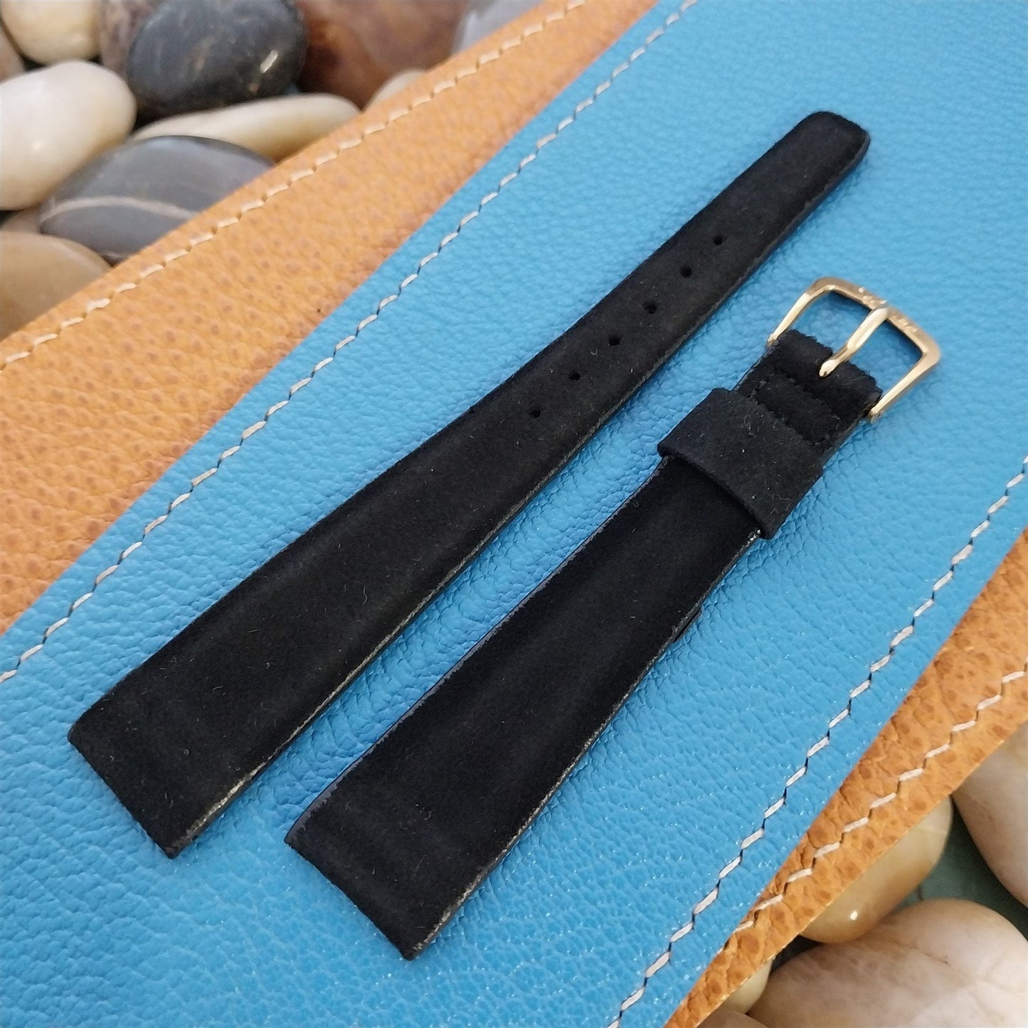 17mm Wyler Black Suede nos 1960s Vintage Watch Band & Gold-Tone Logo Buckle