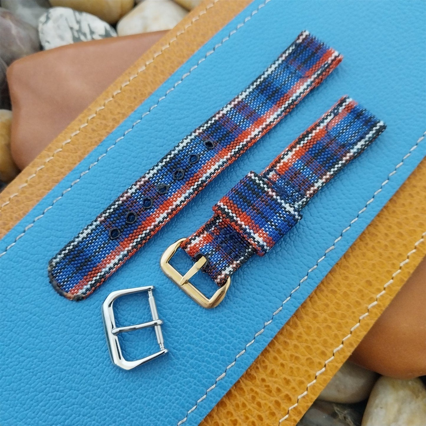 5/8" 16mm Blue & Red Madras Plaid Tropical Nylon Unused 1950s Vintage Watch Band