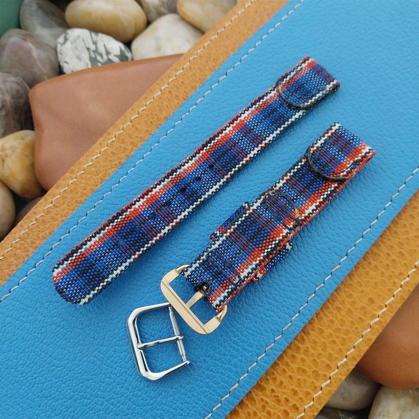 5/8" 16mm Blue & Red Madras Plaid Tropical Nylon Unused 1950s Vintage Watch Band