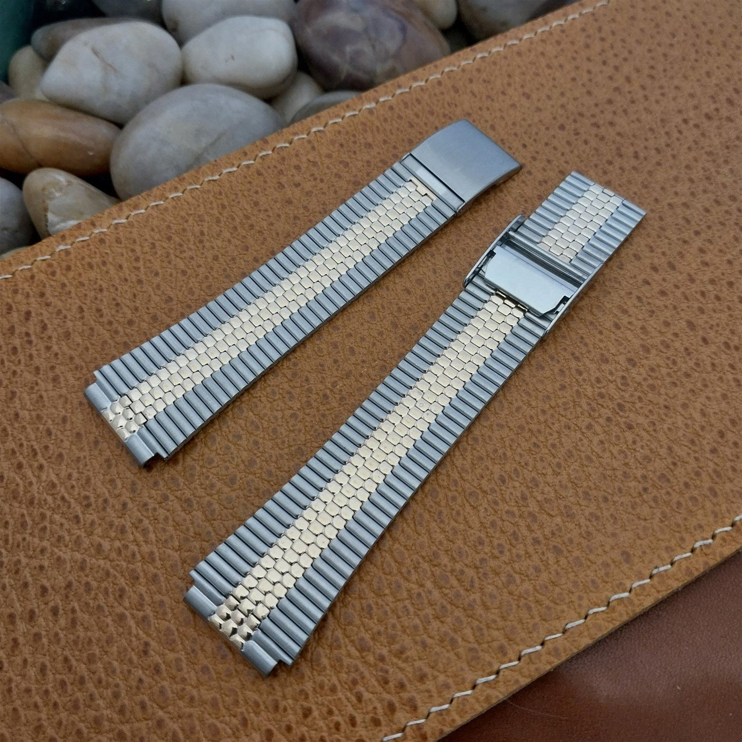 17.2mm Flared Stainless & Gold-Plated LED LCD nos 1970s-1980s Vintage Watch Band