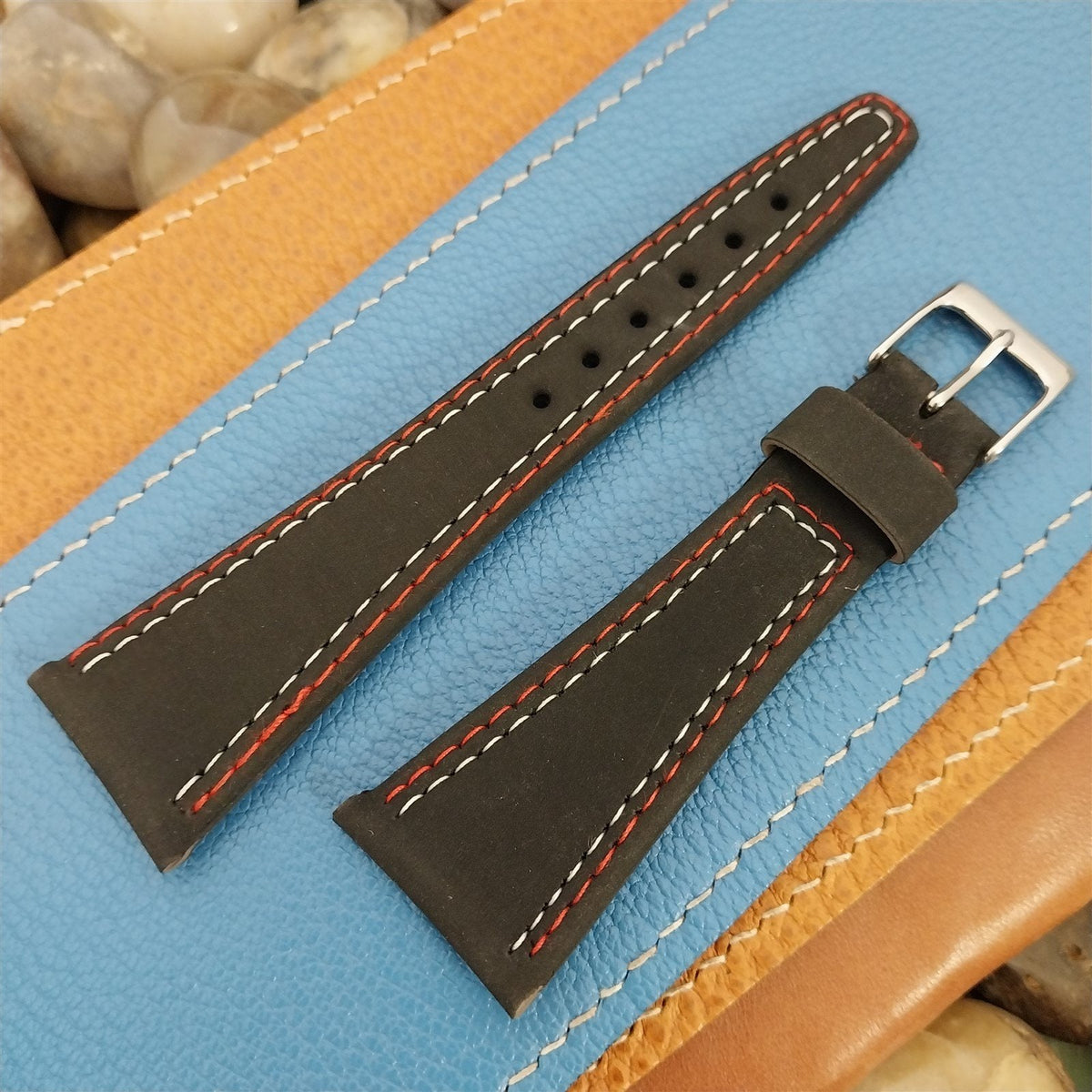 24mm Black Corfam Contrast Stitch Classic Tapered Unused nos Vintage W ...