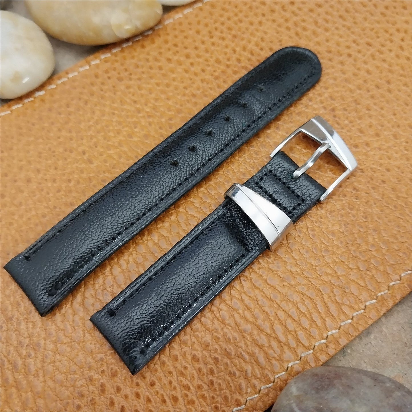 16mm Gemex Black Pin Seal Leather Short 50s Vintage Watch Band & Deluxe Buckle