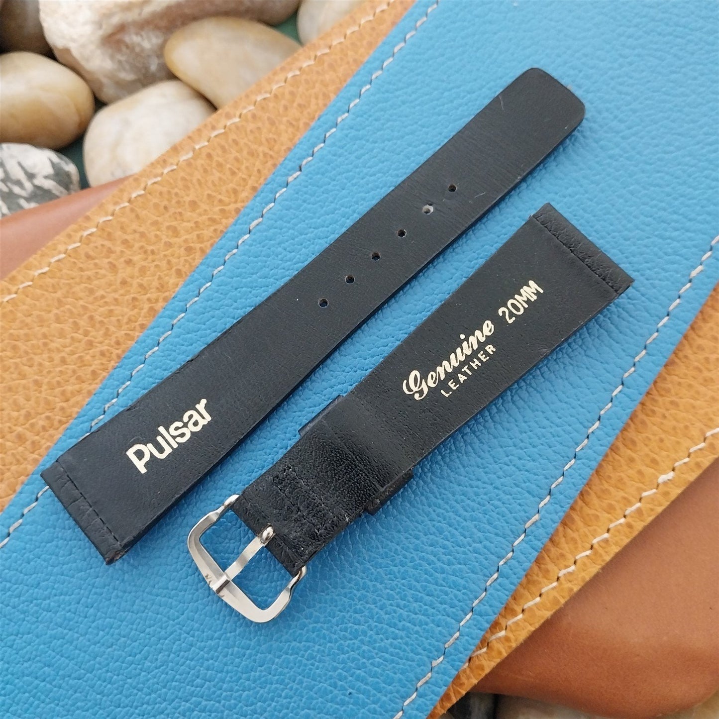 20mm Pulsar Black Genuine Leather nos Unused 1970s Vintage Watch Band