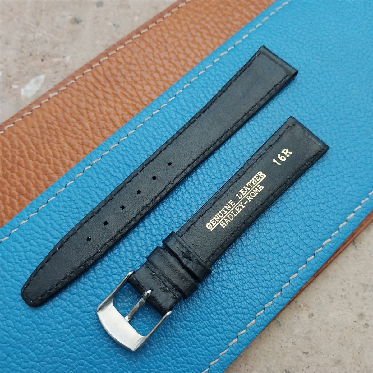 16mm Hadley Roma Black Tapered Leather 16/14 NOS Vintage Watch Strap