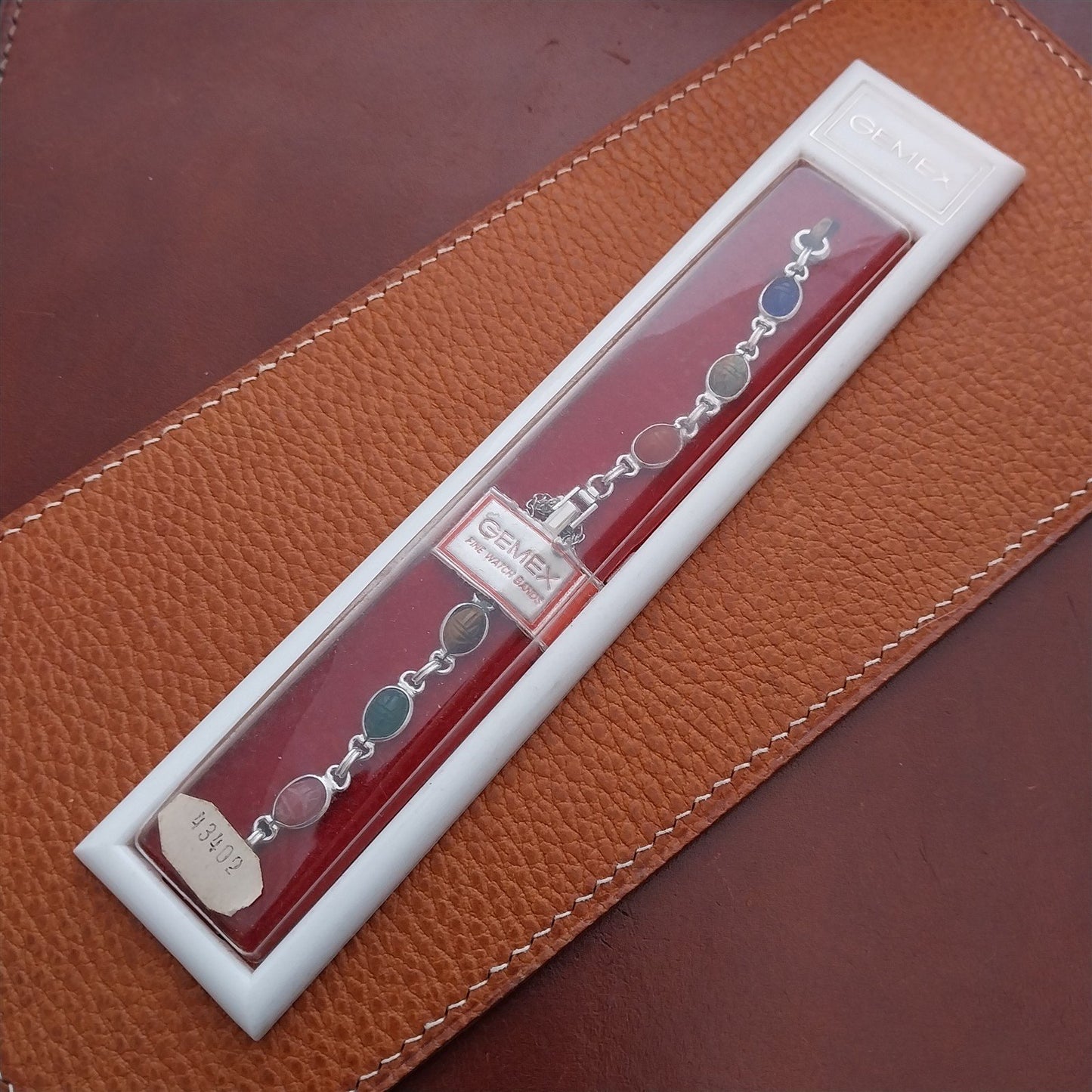 Vintage Carved Stone Scarab & White Gold-Filled Womens 1960s Classic Watch Band
