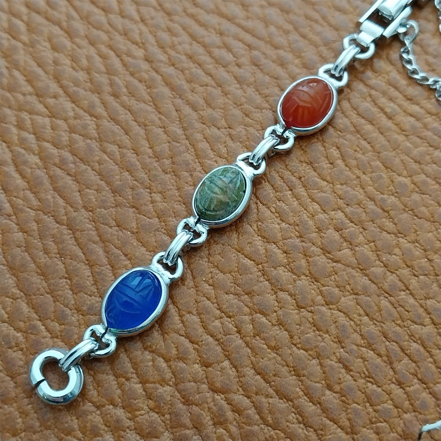 Vintage Carved Stone Scarab & White Gold-Filled Womens 1960s Classic Watch Band